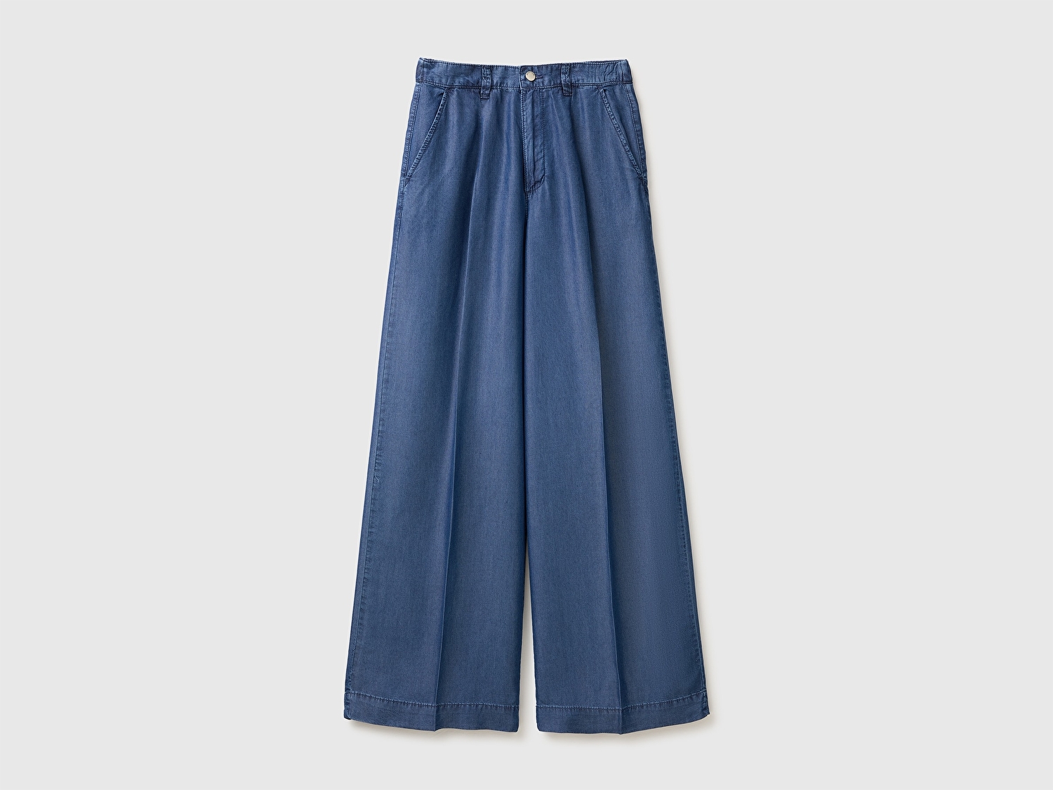 Benetton Kadın Mavi Bol Paça Cepli Denim Pantolon