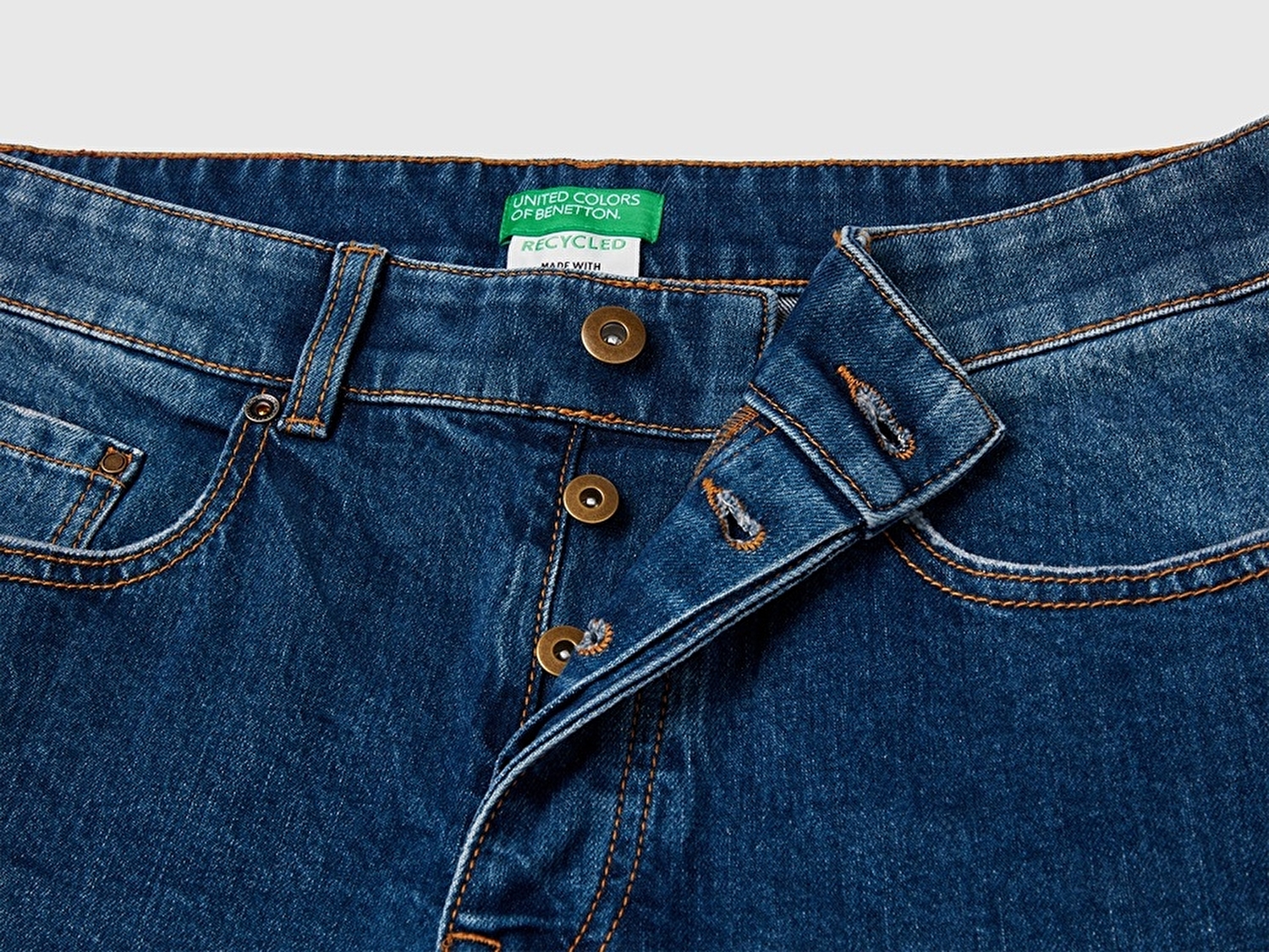 Benetton Erkek Koyu Mavi  Pamuk Karışımlı Arkası Logo Etiketli Cepli Slim Fit Denim Pantolon