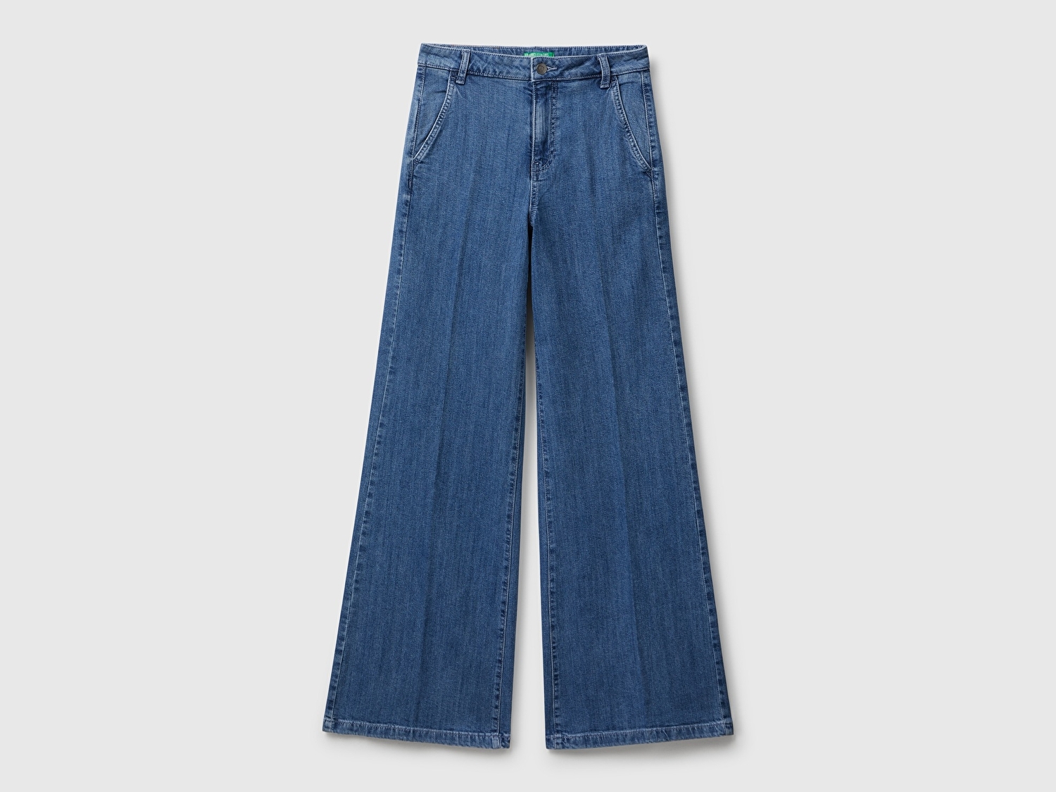 Benetton Kadın Açık Mavi Pamuk Karışımlı Cep Detaylı Geniş Paça Denim Pantolon
