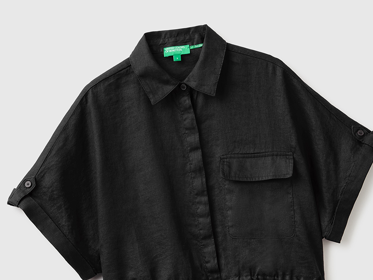 Benetton Kadın Siyah %100 Keten Cepli İpli Gömlek
