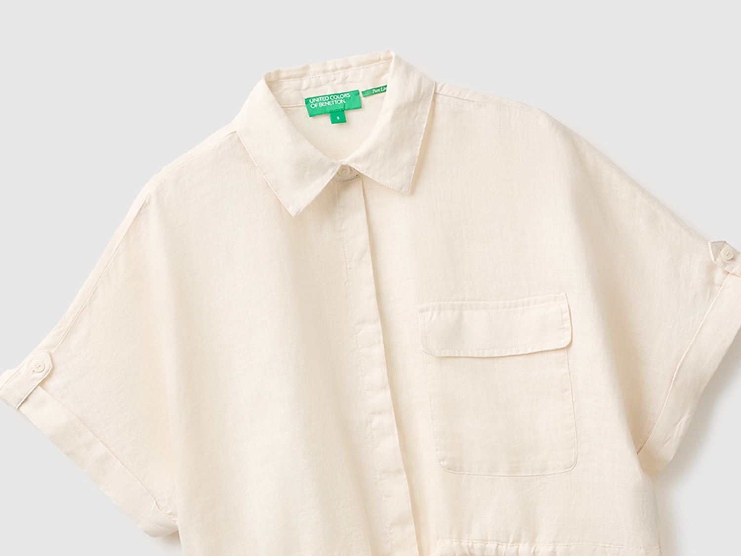 Benetton Kadın Krem %100 Keten Cepli İpli Gömlek