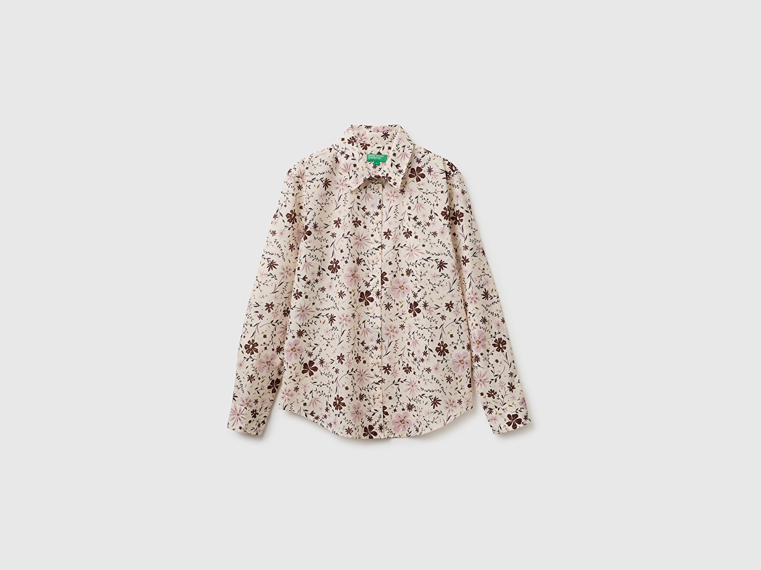 Benetton Kadın Krem %100 Pamuk Desenli  Regular Fit Gömlek