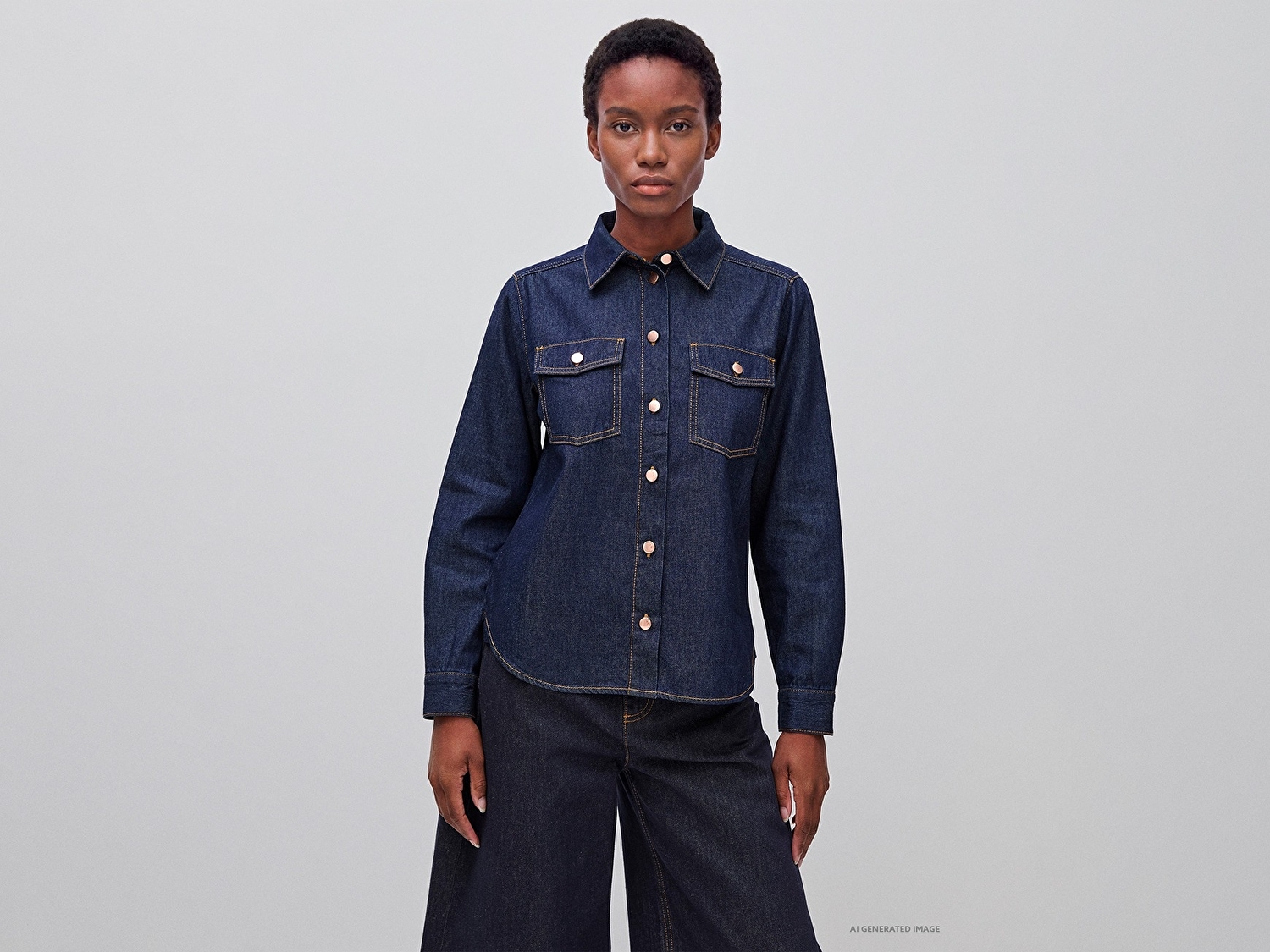 Benetton Kadın Koyu Mavi  %100 Pamuk Regular Fit Cepli Denim Gömlek