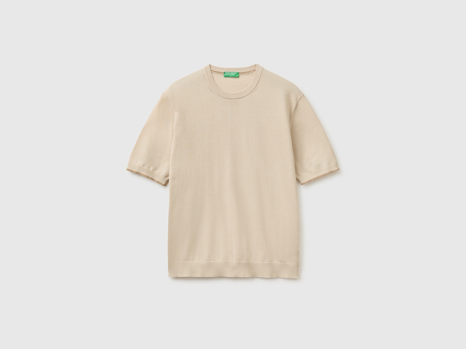 Benetton Erkek Taş %100 Pamuk Ribanalı Kontrast Detaylı  Triko T-Shirt
