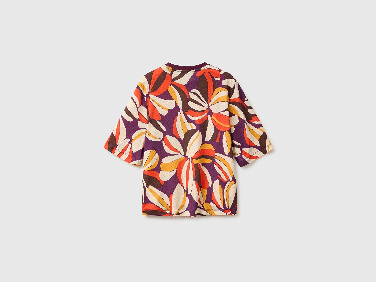Benetton Kadın Mor Mix Keten Viskoz Karışımlı Baskılı Bisiklet Yaka T-Shirt