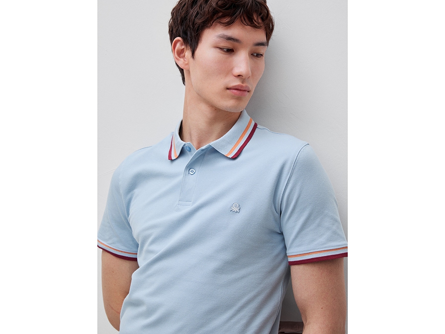 Benetton Erkek Açık Mavi Pamuk Karışımlı Logo Baskılı Regular Fit Polo Yaka T-Shirt