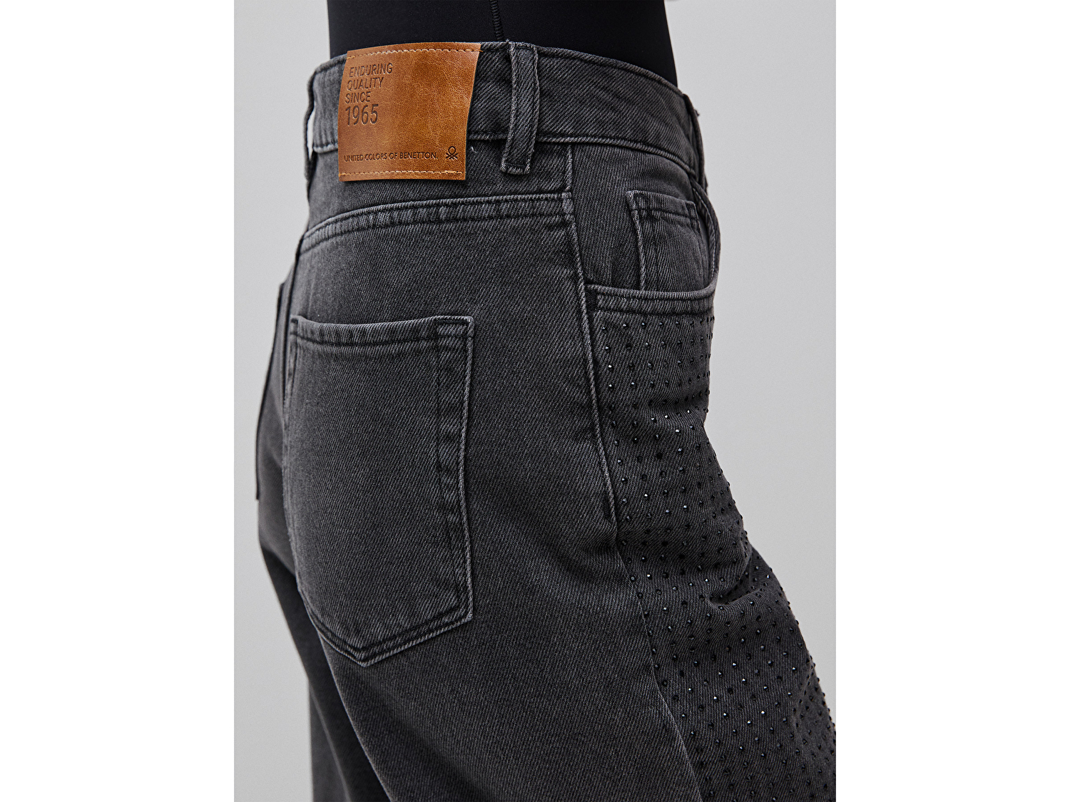 Benetton Kadın Siyah %100 Pamuk 5 Cepli Wide Fit Denim Pantolon