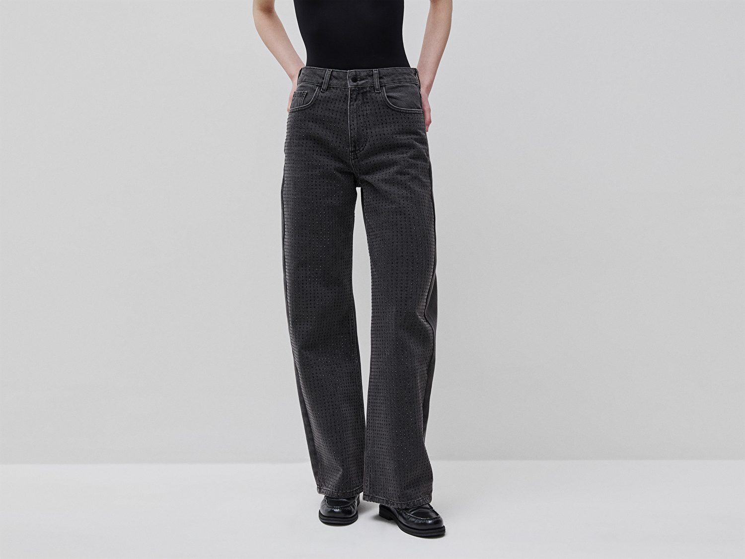 Benetton Kadın Siyah %100 Pamuk 5 Cepli Wide Fit Denim Pantolon