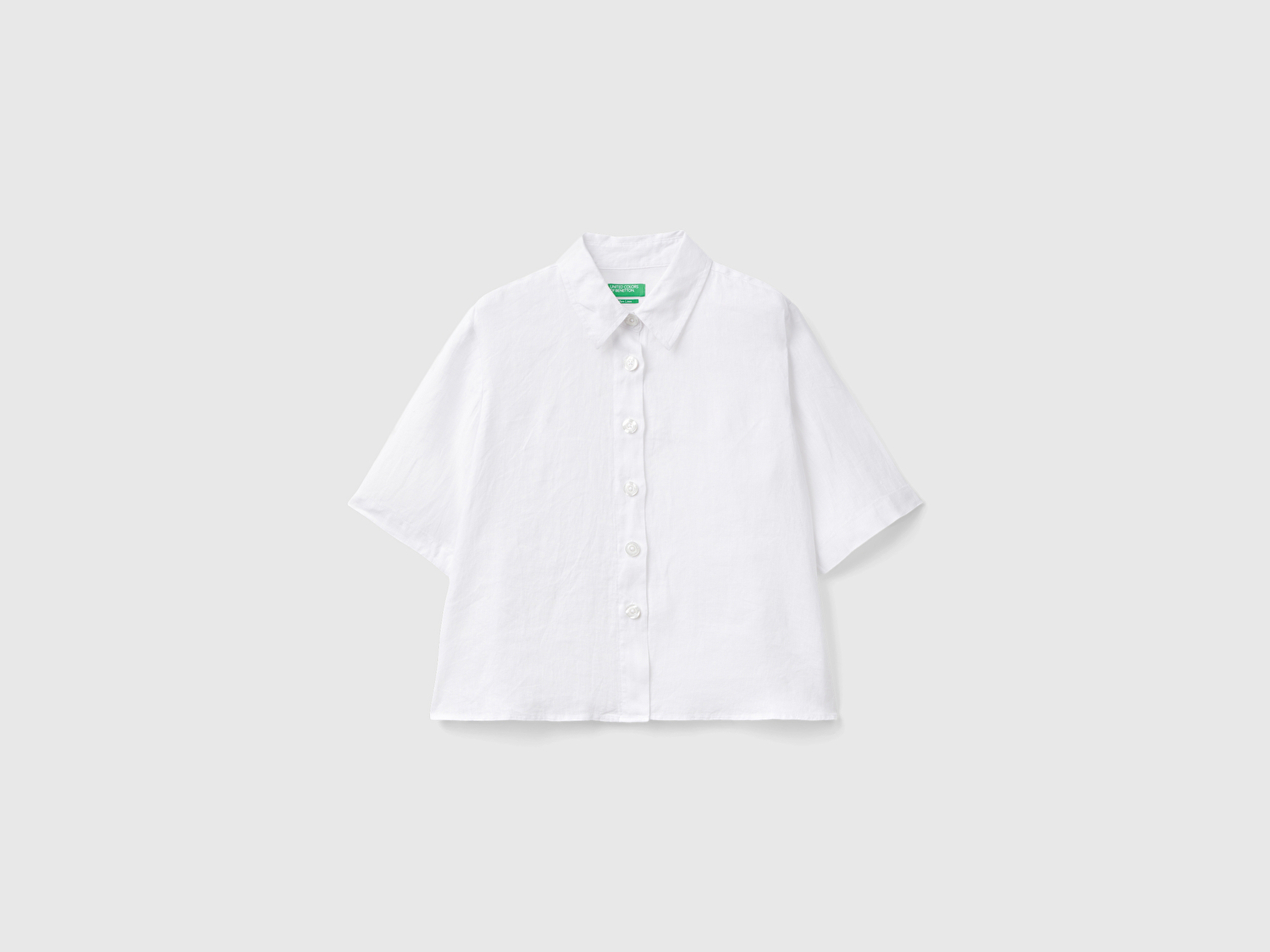 Benetton Kadın Beyaz %100 Keten Yarım Kollu Düz Gömlek