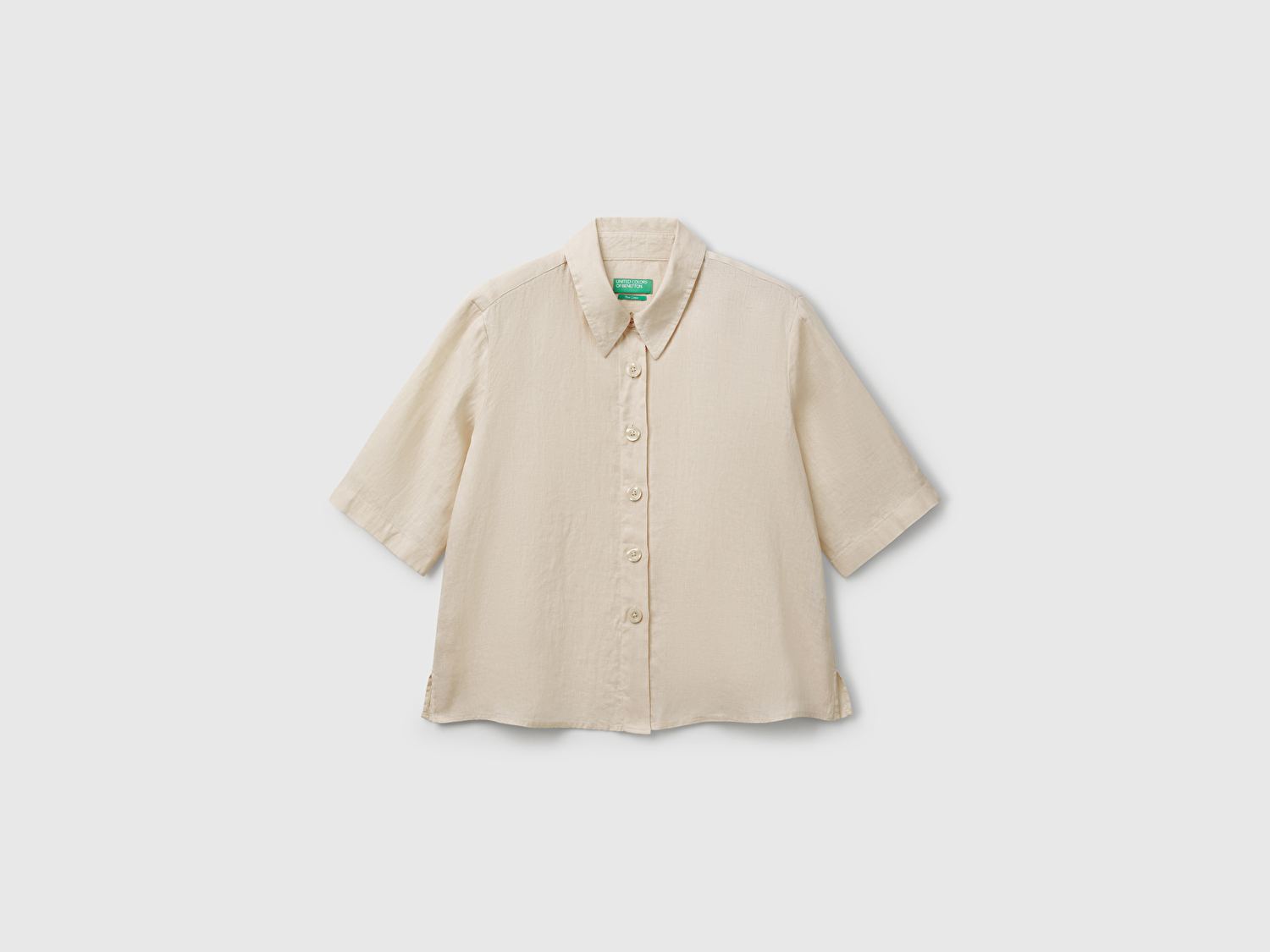 Benetton Kadın Taş %100 Keten Yarım Kollu Düz Gömlek