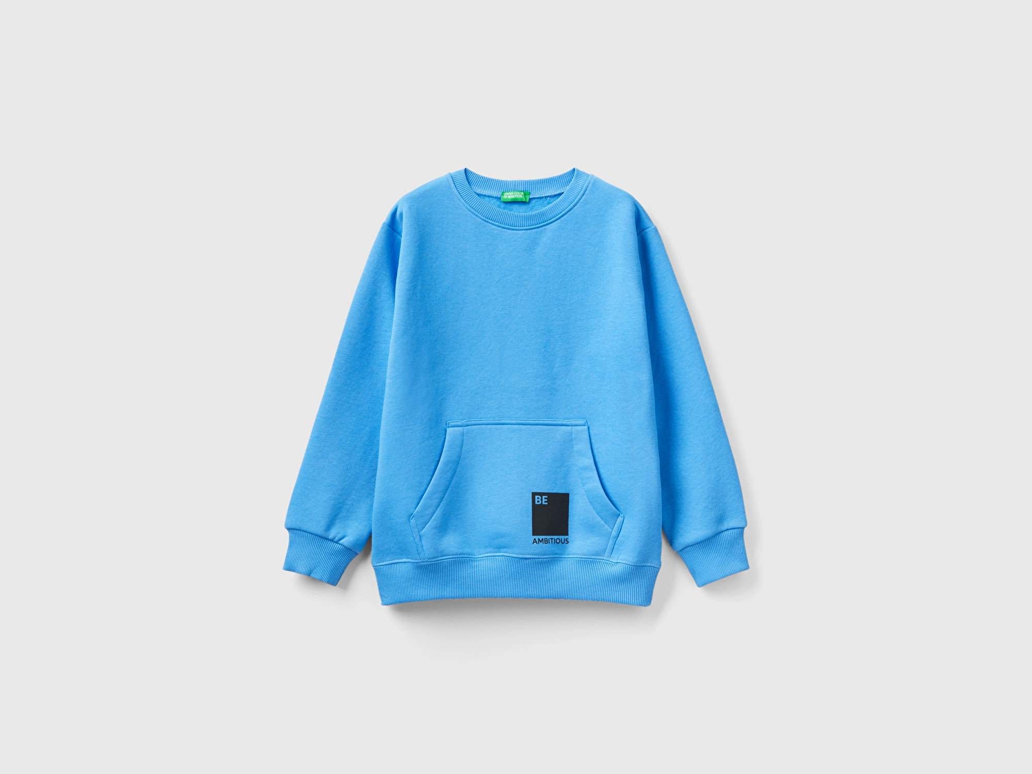 Benetton Erkek Çocuk Mavi Slogan Baskılı Kanguru Cepli Sweatshirt