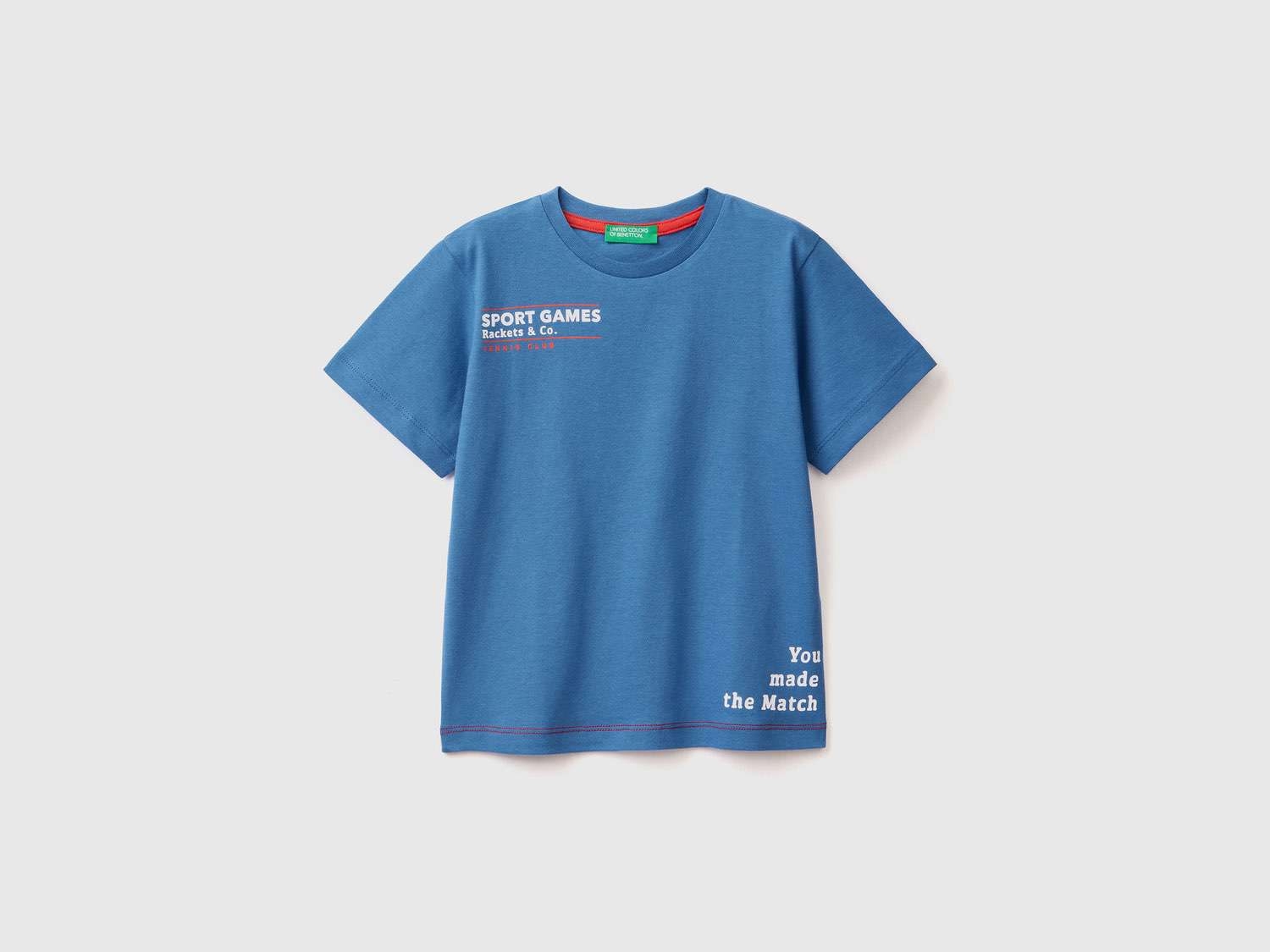Benetton Erkek Çocuk Saks Mavi Dikiş Detaylı Slogan Baskılı T-Shirt