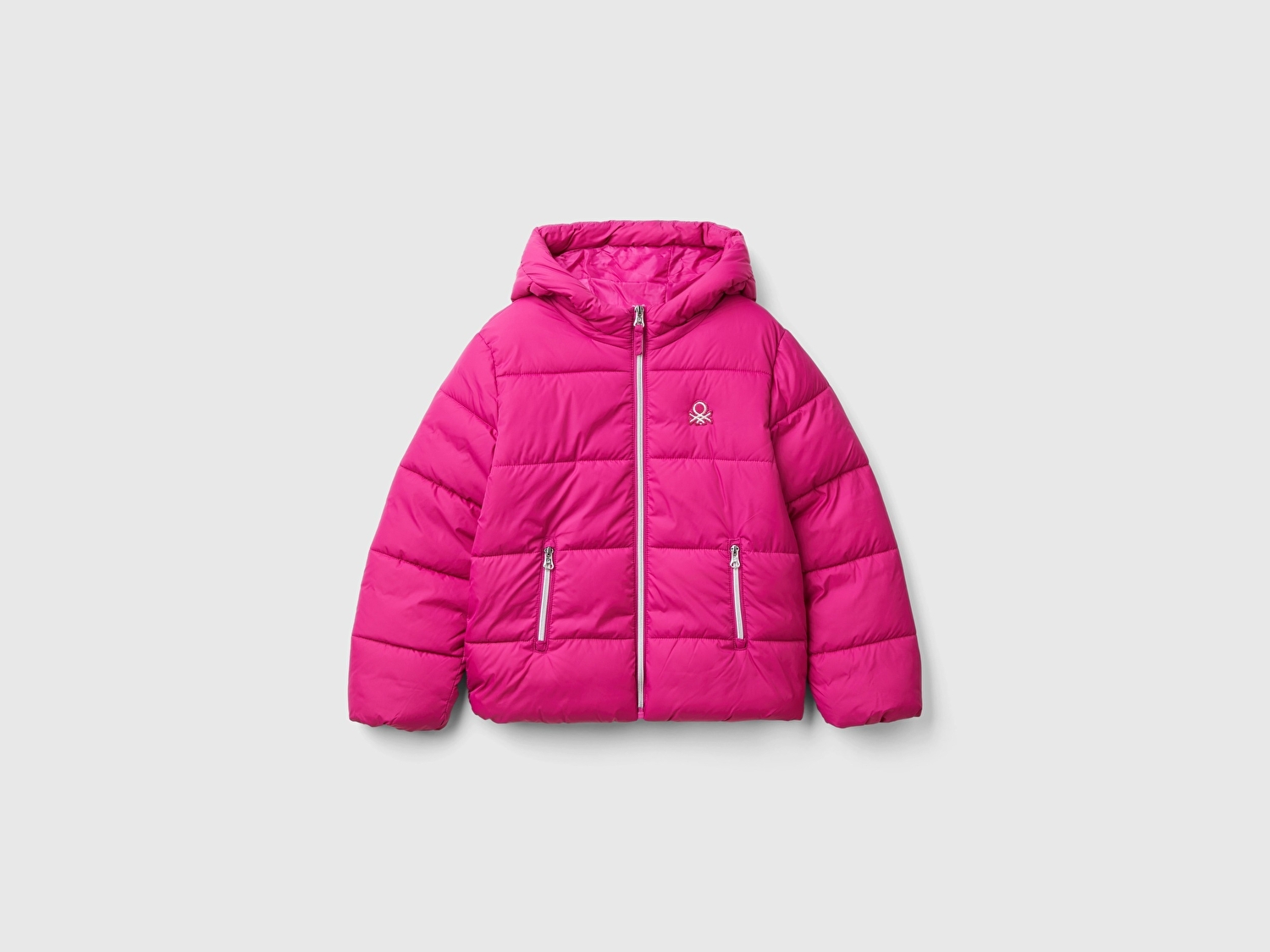 Benetton Kız Çocuk Pembe Sol Göğsü Logo İşlemeli Cepli Kapüşonlu Yüksek Yaka Mont