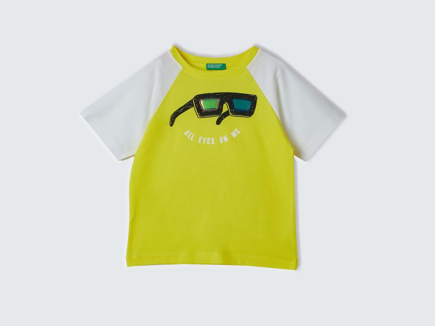 Benetton Erkek Çocuk Neon Sarı Önü Aplikeli Blok Renkli Reglan Kol Bisiklet Yaka T-Shirt