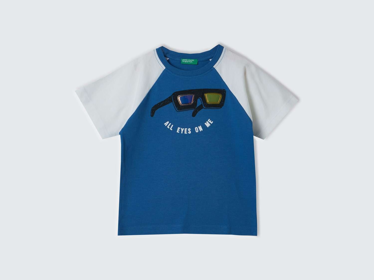Benetton Erkek Çocuk Saks Mavi Önü Aplikeli Blok Renkli Reglan Kol Bisiklet Yaka T-Shirt