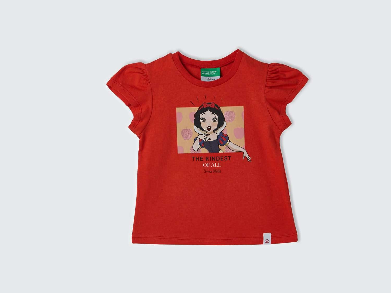 Benetton Kız Çocuk Kırmızı Önü Pamuk Prenses Baskılı Logo Etiketli Bisiklet Yaka T-Shirt