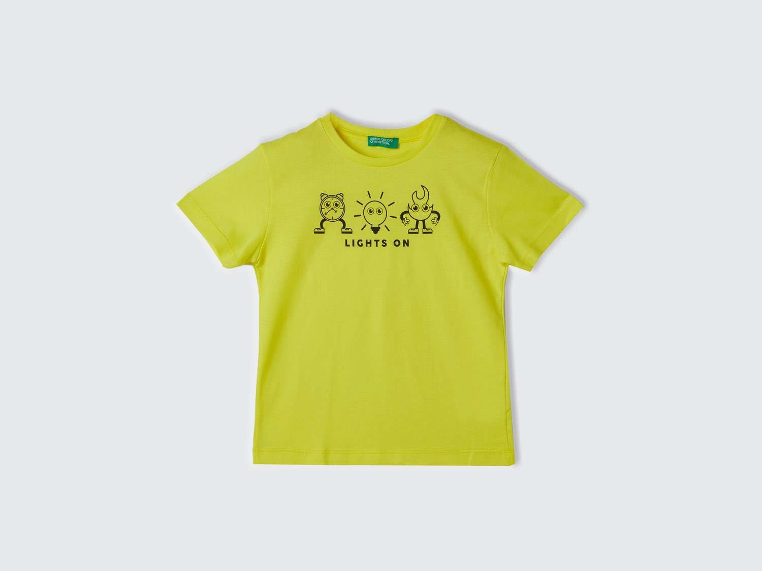 Benetton Erkek Çocuk Neon Sarı Önü Tek Renk Baskılı Bisiklet Yaka T-Shirt