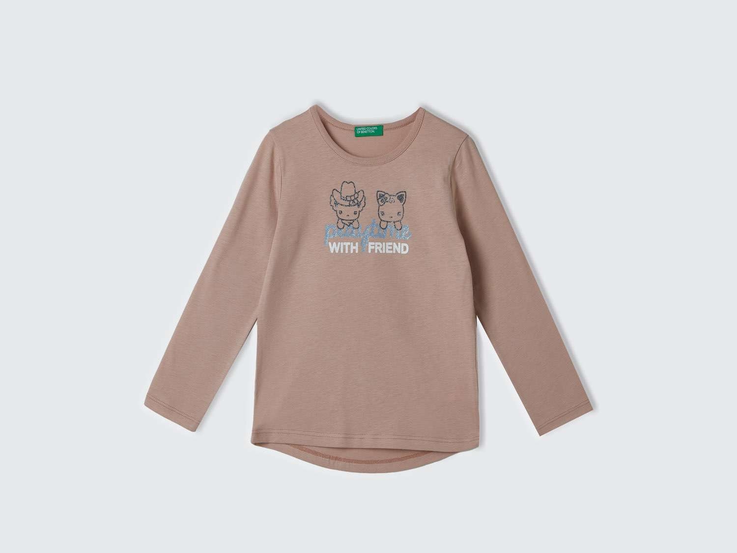 Benetton Kız Çocuk Bej Önü Çok Renkli Parlak Grafik Baskılı Uzun Kollu T-Shirt