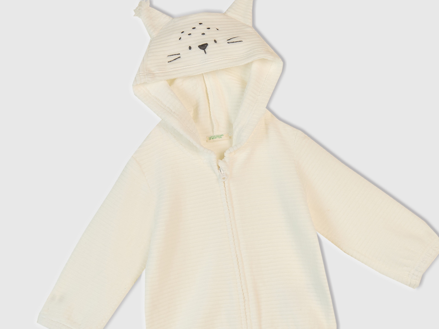 Benetton Bebek Ekru Nervür Desenli İşlemeli Kulaklı Kapüşonlu Sweatshirt