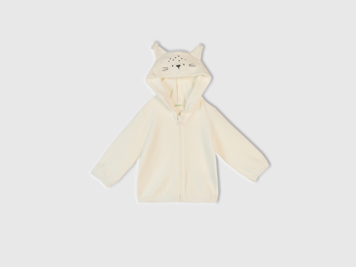 Benetton Bebek Ekru Nervür Desenli İşlemeli Kulaklı Kapüşonlu Sweatshirt