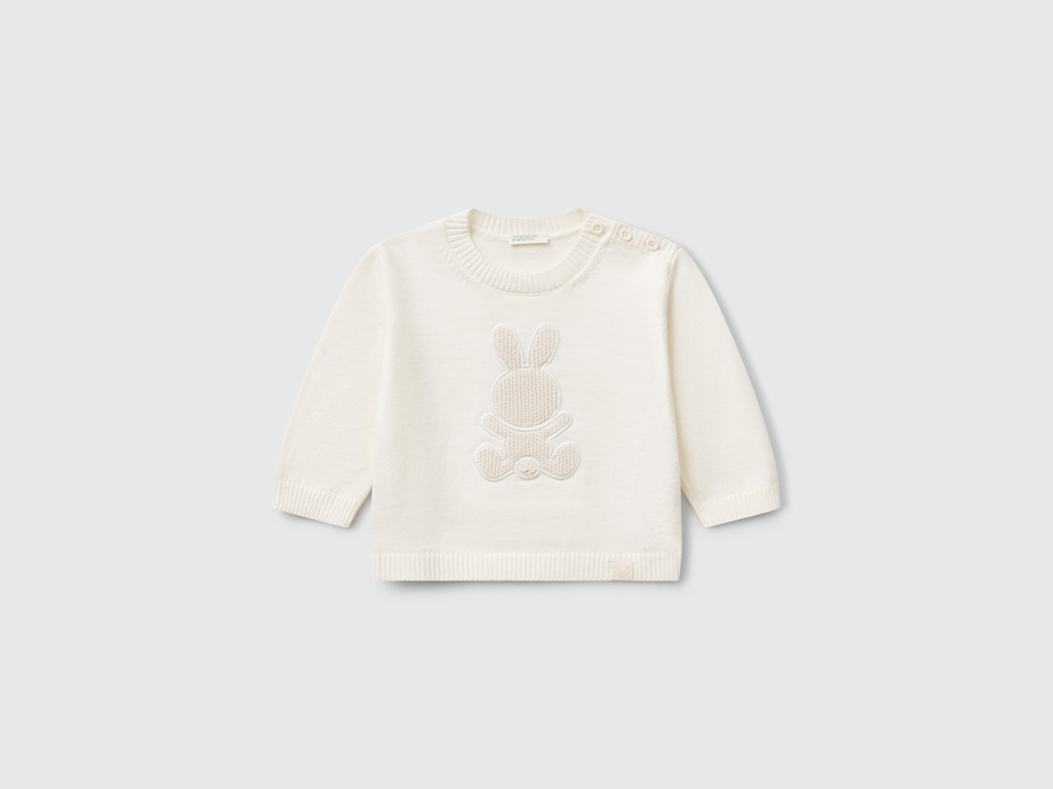 Benetton Bebek Beyaz Tavşan İşlemeli Logo Detaylı Bisiklet Yaka Kazak
