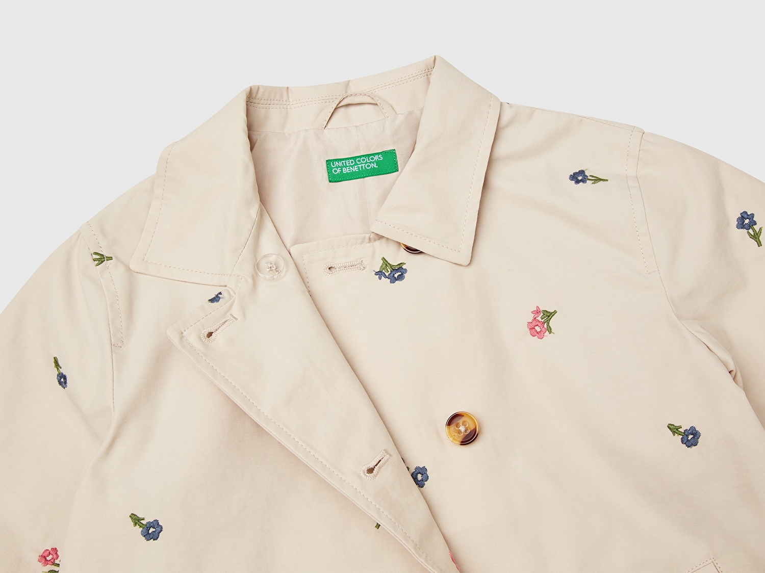 Benetton Kız Bebek Ekru Tamamı Çiçek İşlemeli Manşetli Trençkot