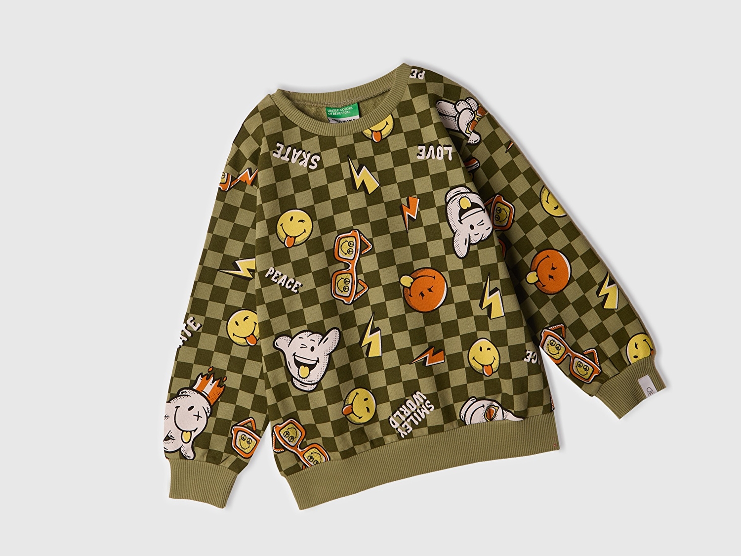 Benetton Erkek Bebek Haki Tamamı Baskılı Logo Etiketli Bisiklet Yaka Sweatshirt