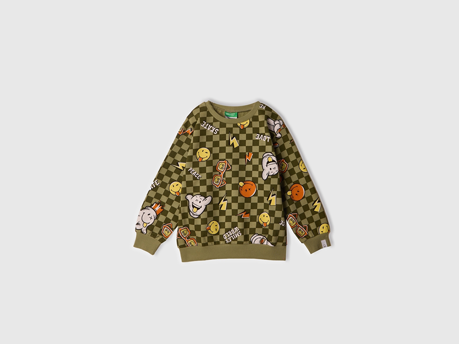 Benetton Erkek Bebek Haki Tamamı Baskılı Logo Etiketli Bisiklet Yaka Sweatshirt