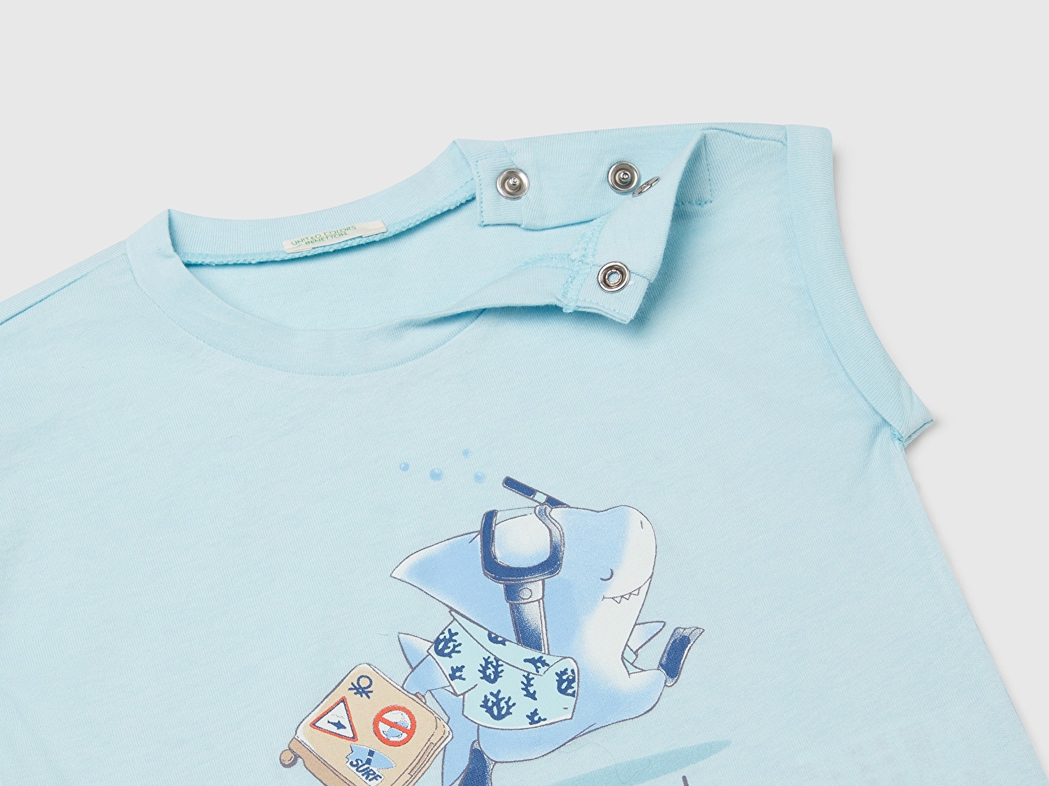 Benetton Bebek Turkuaz Önü Baskılı Manşetli T-Shirt