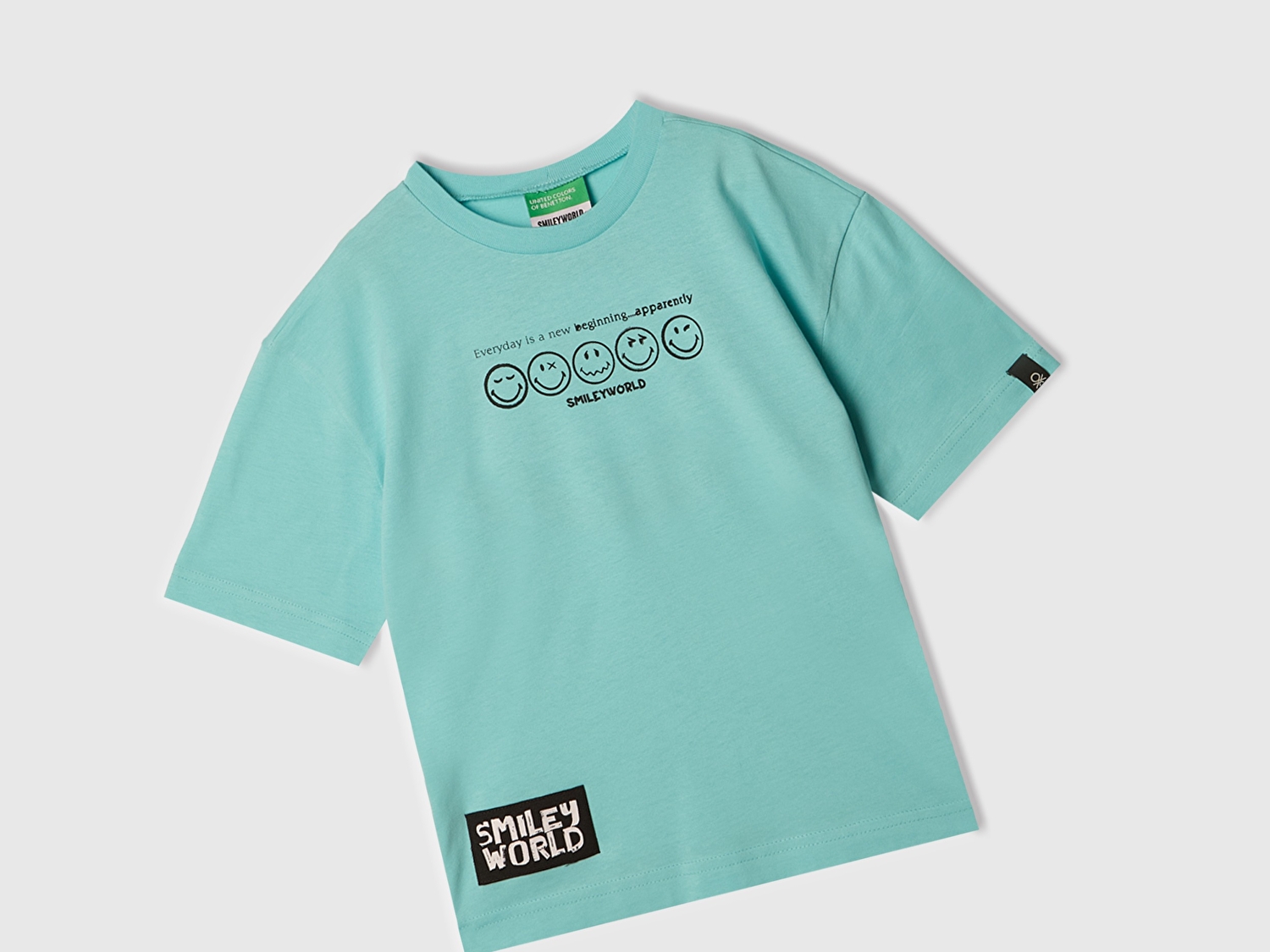 Benetton Erkek Çocuk Su Yeşili Smiley World Baskılı Logo Etiketli T-Shirt