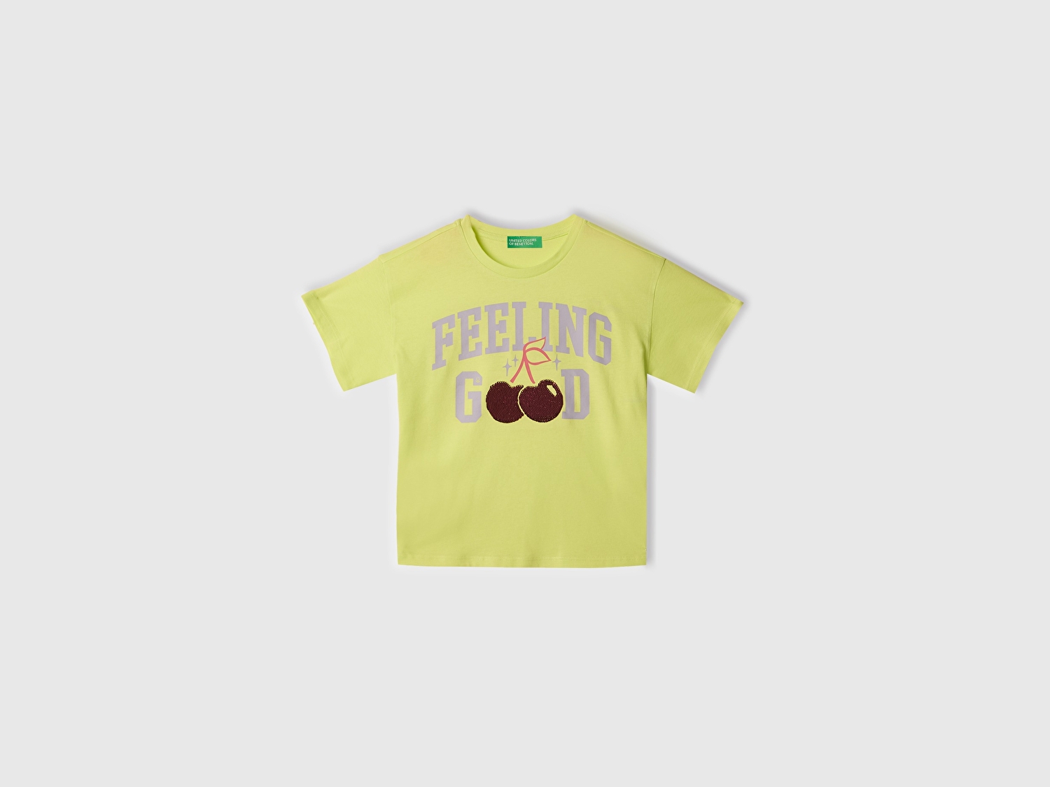 Benetton Kız Çocuk Sarı Önü Payet İşlemeli Baskılı T-Shirt