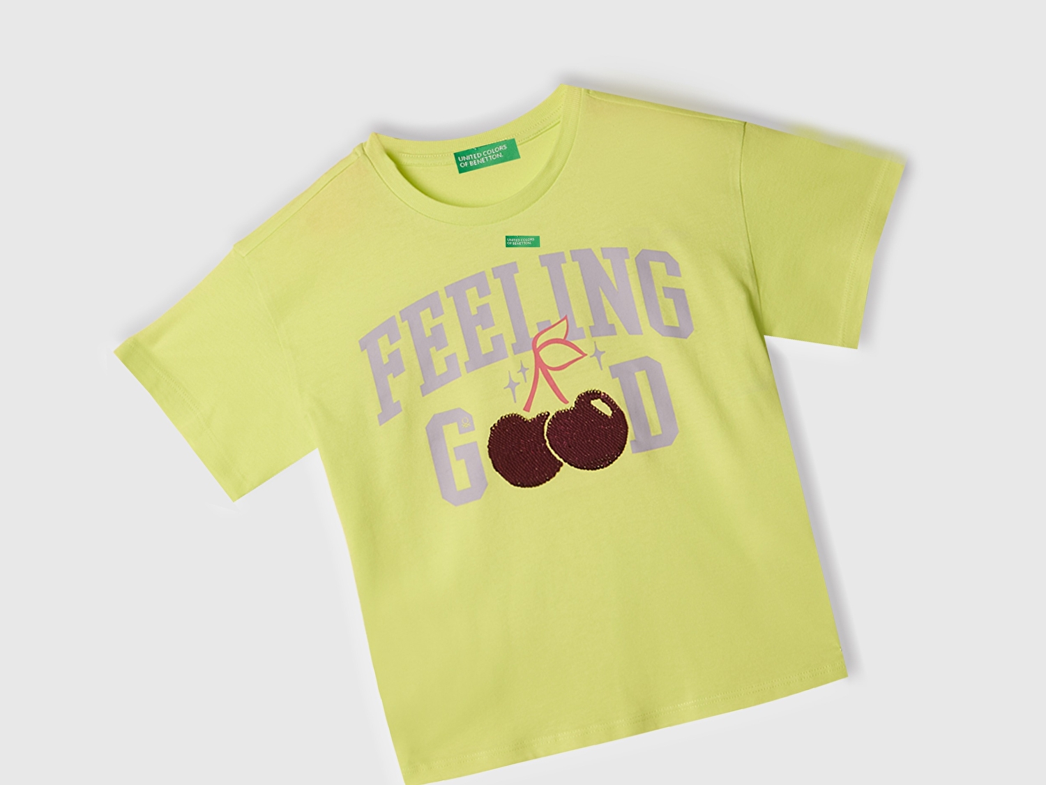 Benetton Kız Çocuk Sarı Önü Payet İşlemeli Baskılı T-Shirt