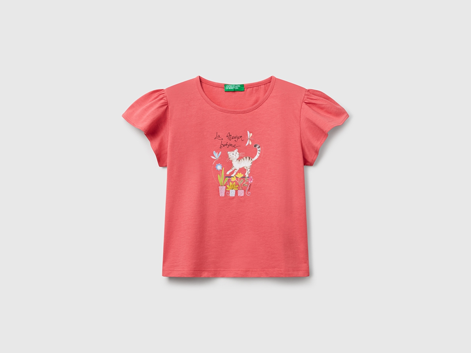 Benetton Kız Bebek Fuşya Nakışlı ve Baskılı Kolu Fırfırlı Regular Fit T-Shirt