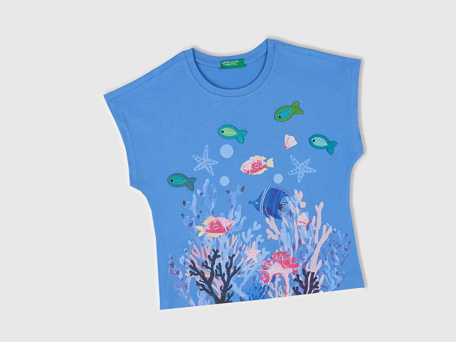 Benetton Kız Bebek Mavi Kroşe Detaylı Kimono Kollu T-Shirt