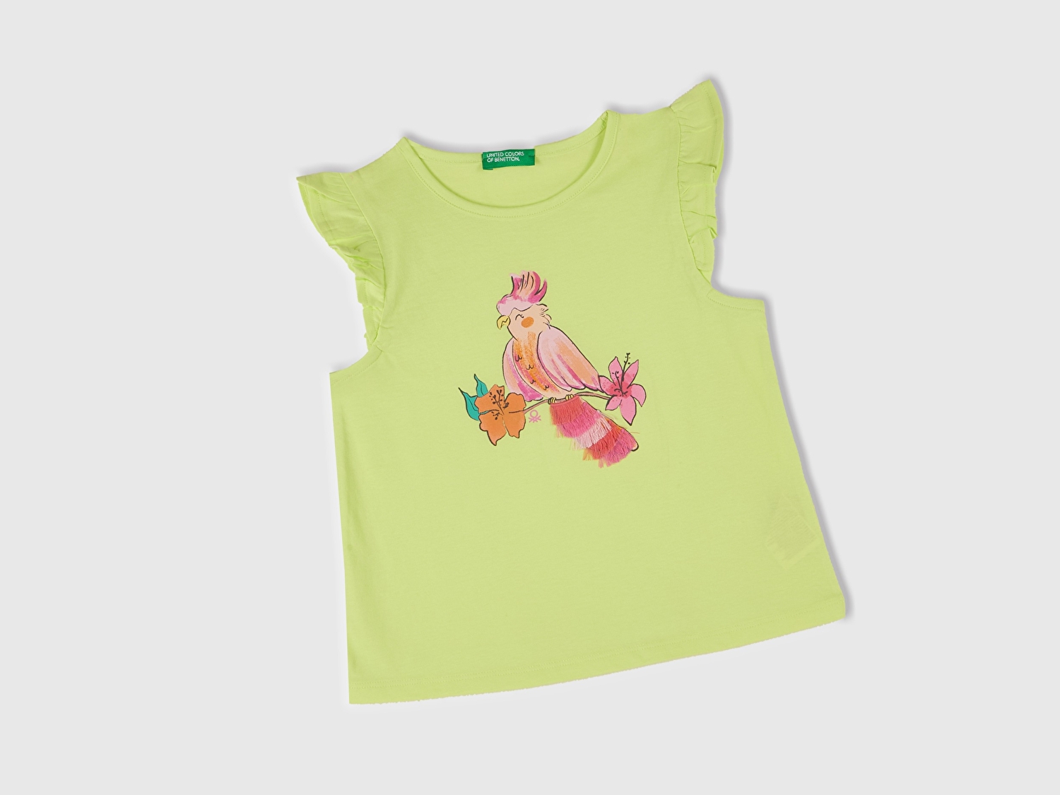 Benetton Kız Bebek Sarı Önü Baskılı Pile Kollu T-Shirt
