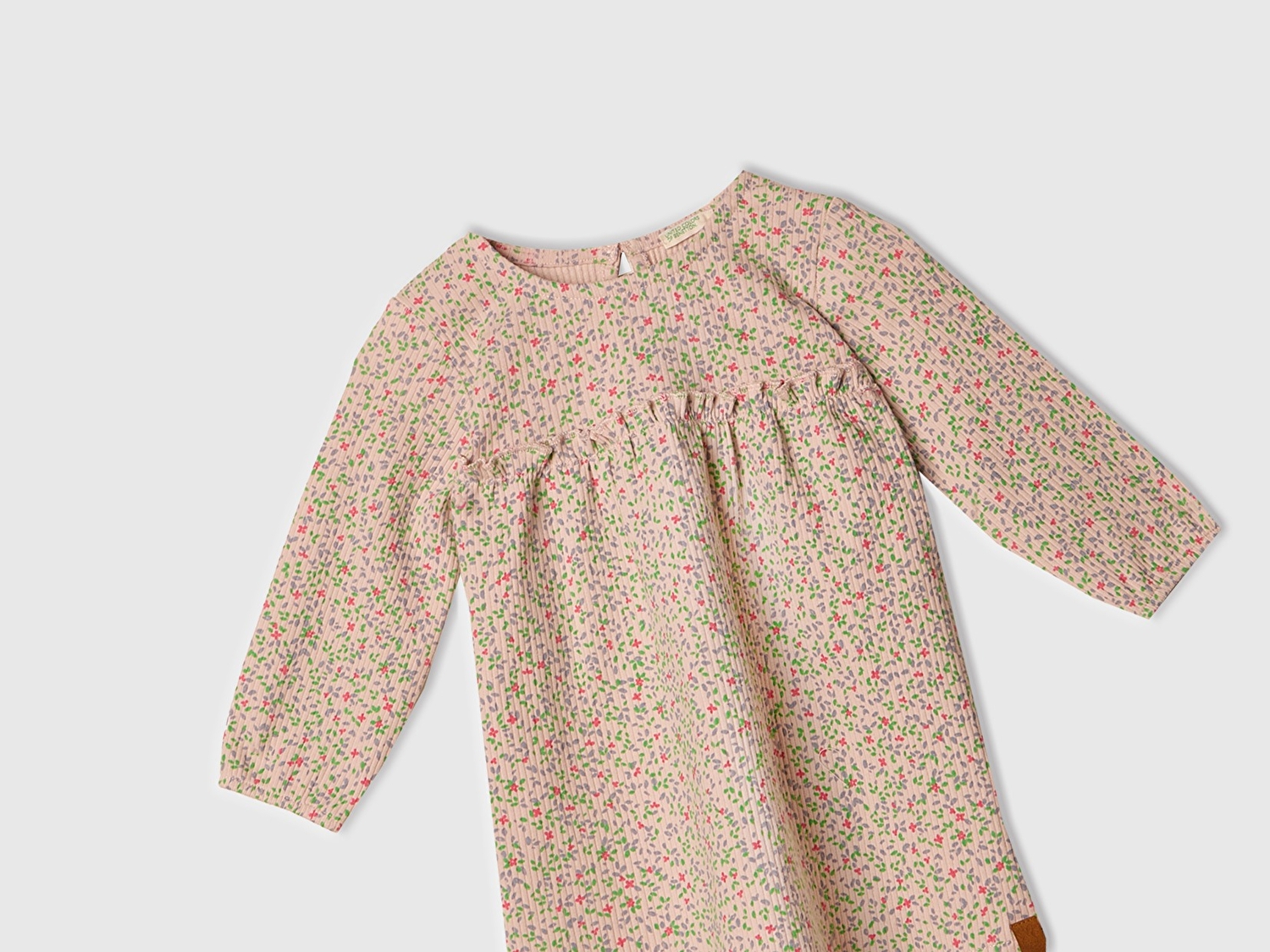 Benetton Bebek Toz Pembe Tamamı Desenli Önü Fırfır Detaylı Pileli Uzun Kollu Elbise