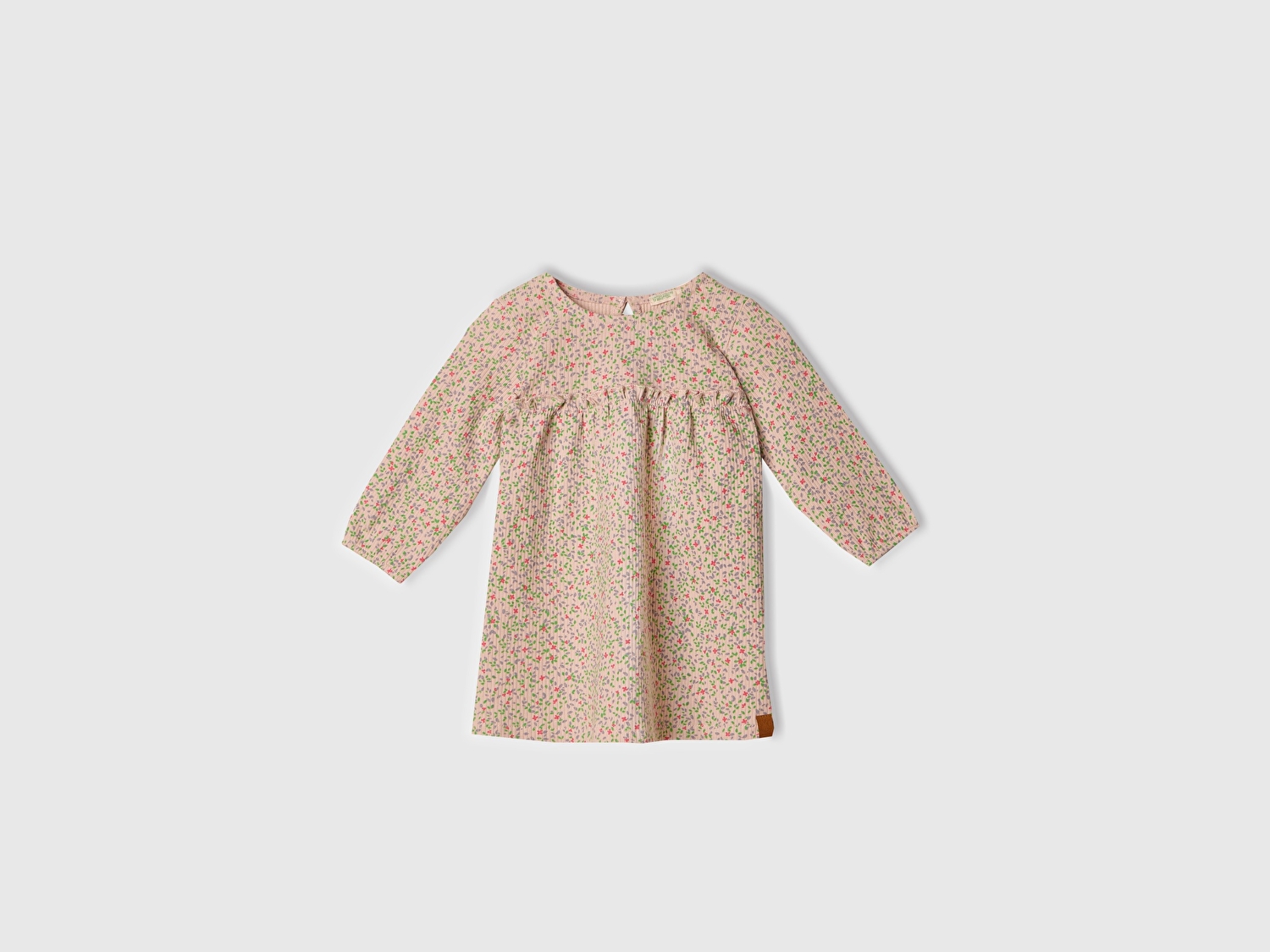 Benetton Bebek Toz Pembe Tamamı Desenli Önü Fırfır Detaylı Pileli Uzun Kollu Elbise