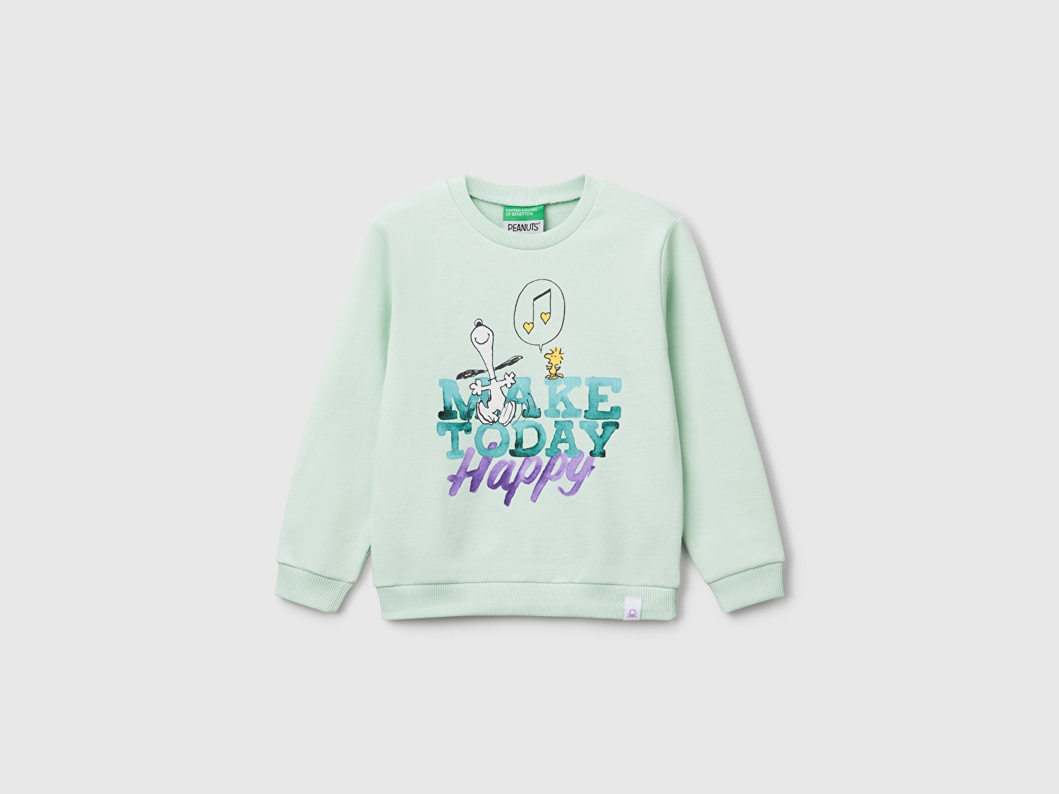 Benetton Kız Bebek Su Yeşili Peanuts Baskılı Logo Etiketli Bisiklet Yaka Sweatshirt