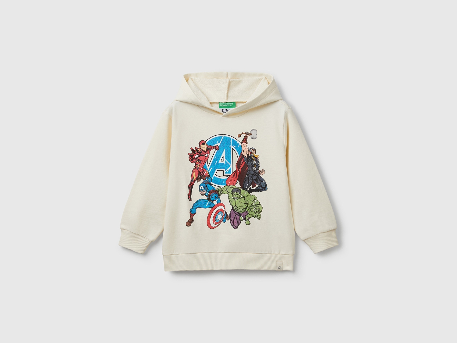 Benetton Erkek Bebek Ekru Marvel Kahraman Baskılı Etiket Logolu Kapüşonlu Sweatshirt