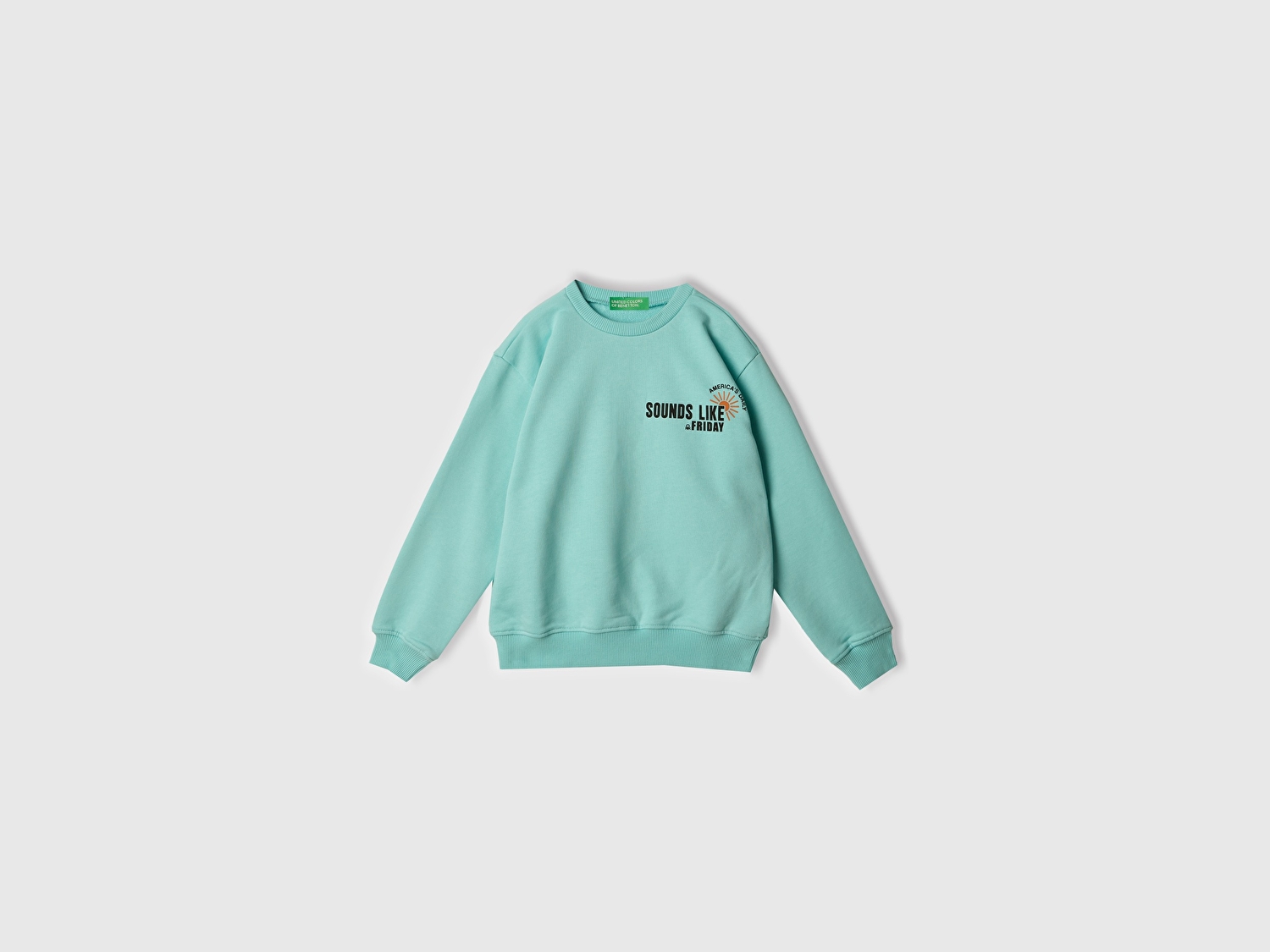 Benetton Erkek Çocuk Su Yeşili Baskılı Manşetli Bisiklet Yaka Sweatshirt