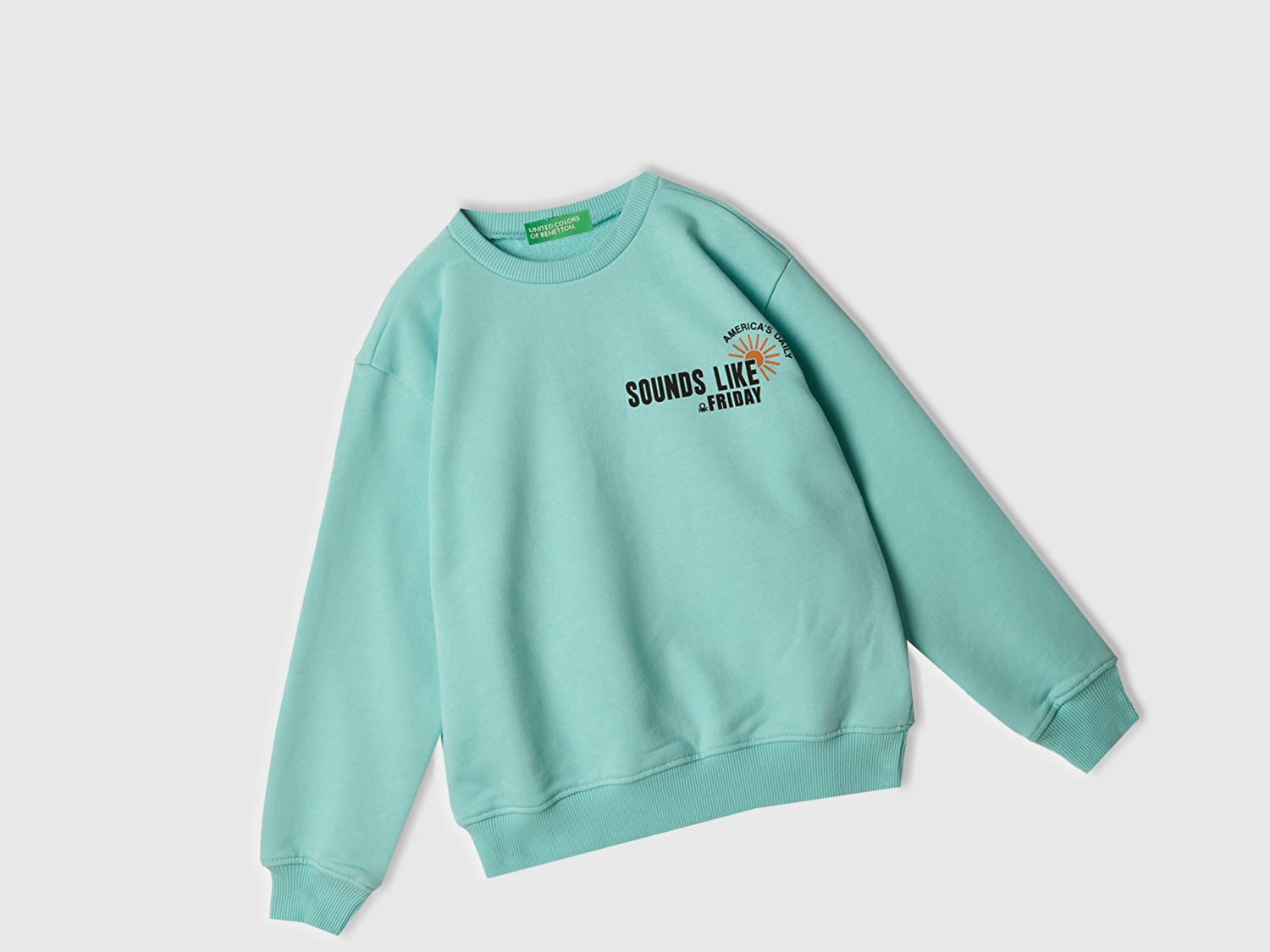 Benetton Erkek Çocuk Su Yeşili Baskılı Manşetli Bisiklet Yaka Sweatshirt
