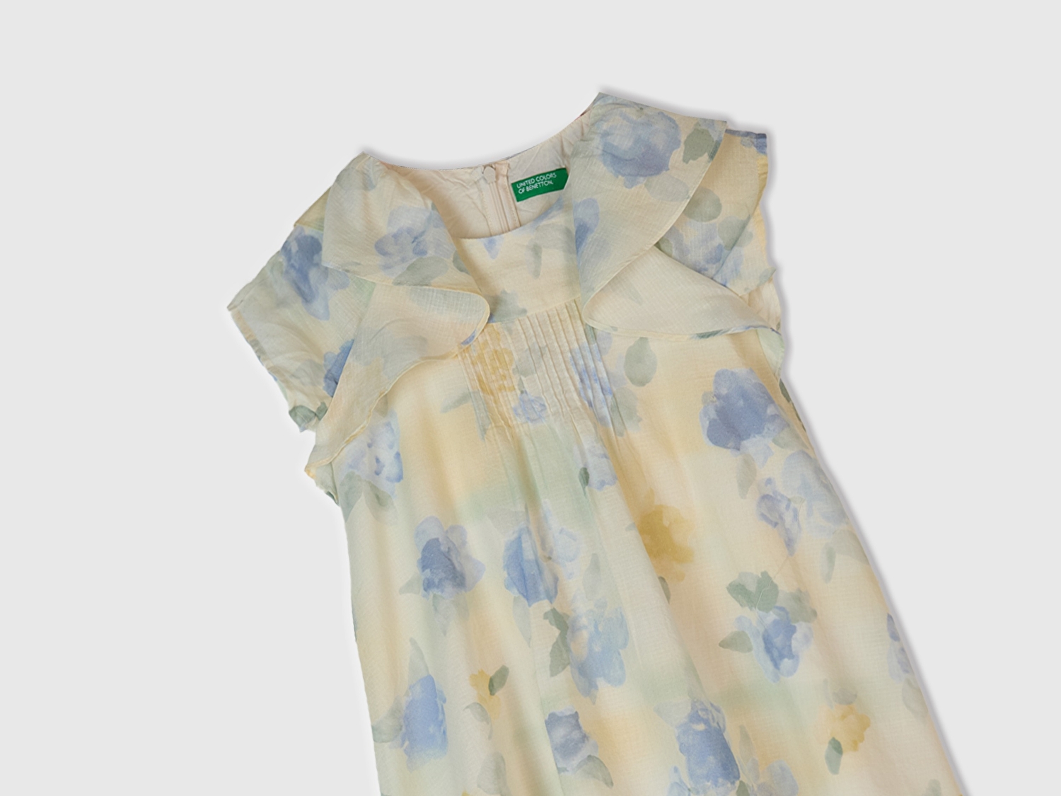 Benetton Kız Bebek Sarı Mavi Tamamı Desenli Omzu Fırfır Detaylı Müslin Elbise