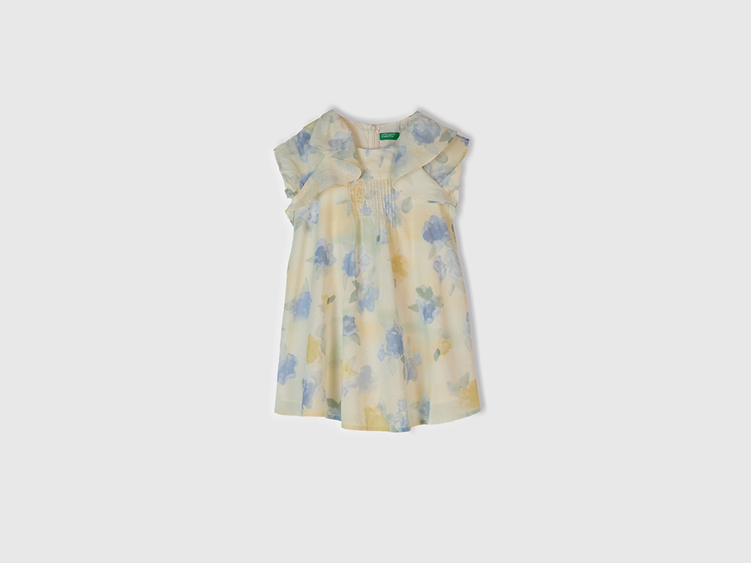 Benetton Kız Bebek Sarı Mavi Tamamı Desenli Omzu Fırfır Detaylı Müslin Elbise