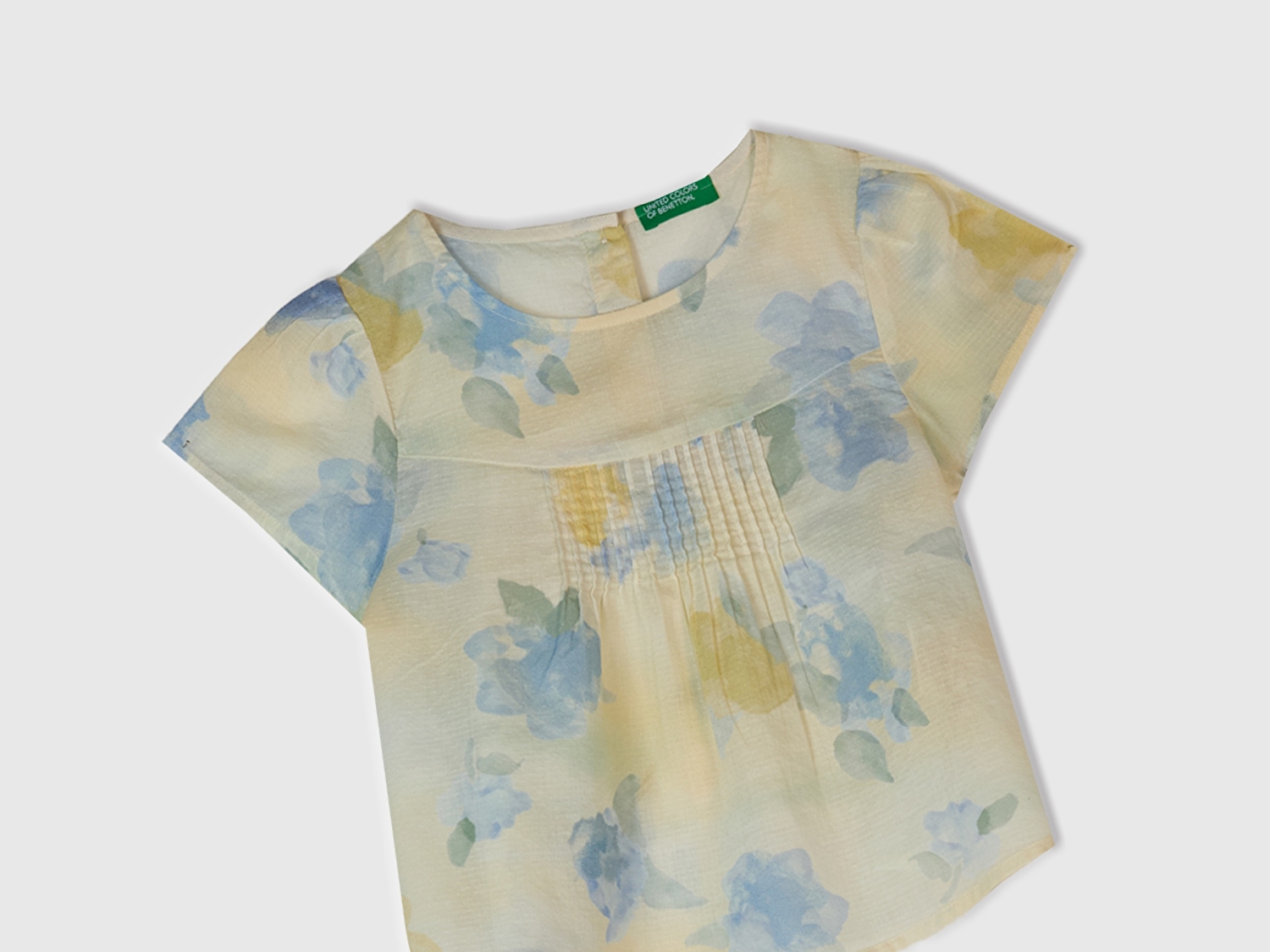 Benetton Kız Bebek Sarı Mavi Tamamı Desenli Arkası Düğmeli Pileli Müslin Bluz