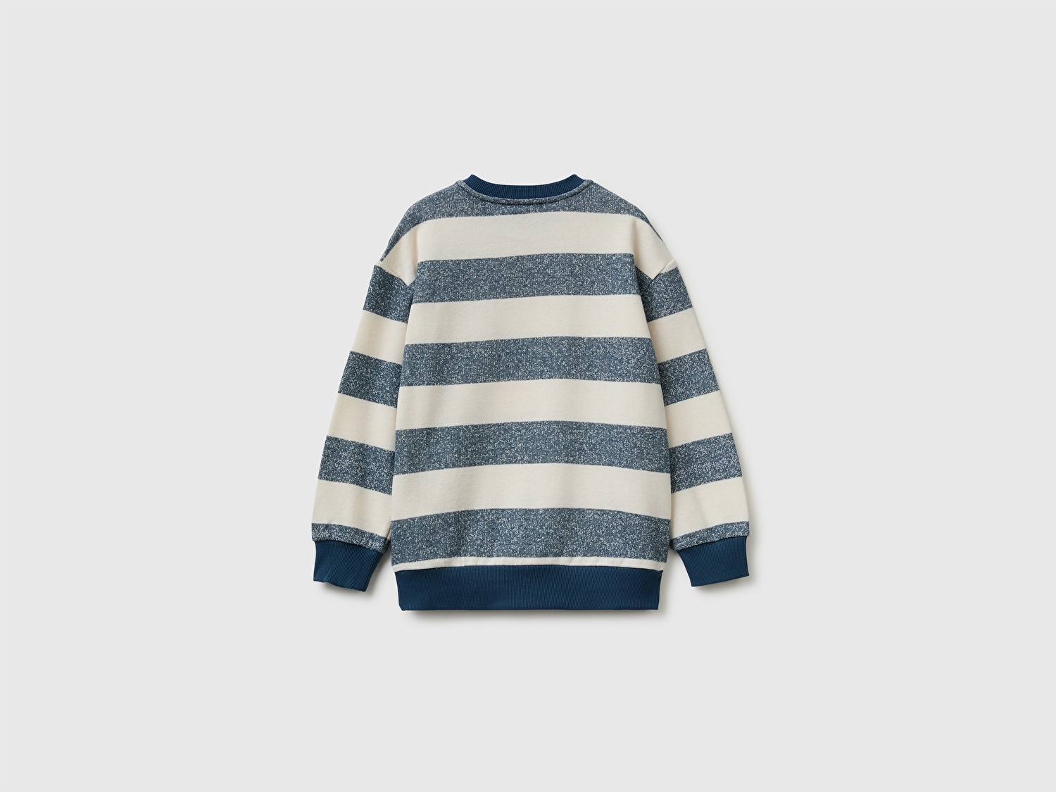 Benetton Erkek Çocuk Mavi Beyaz İşlemeli Oversize Çizgili Bisiklet Yaka Sweatshirt