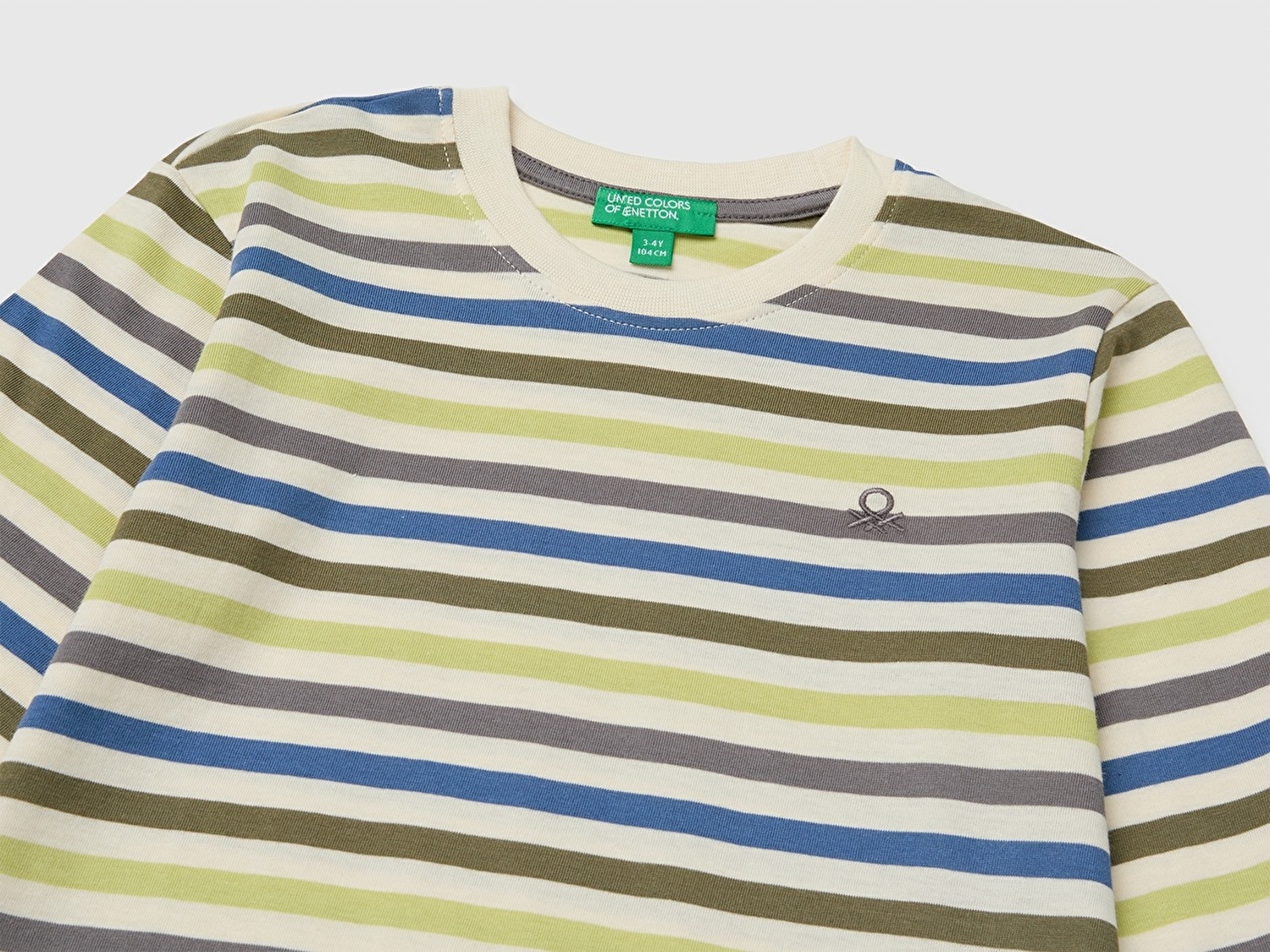 Benetton Erkek Bebek Açık Renk Çizgili Logo İşlemeli Çizgili Ribanalı Uzun Kollu Tişört