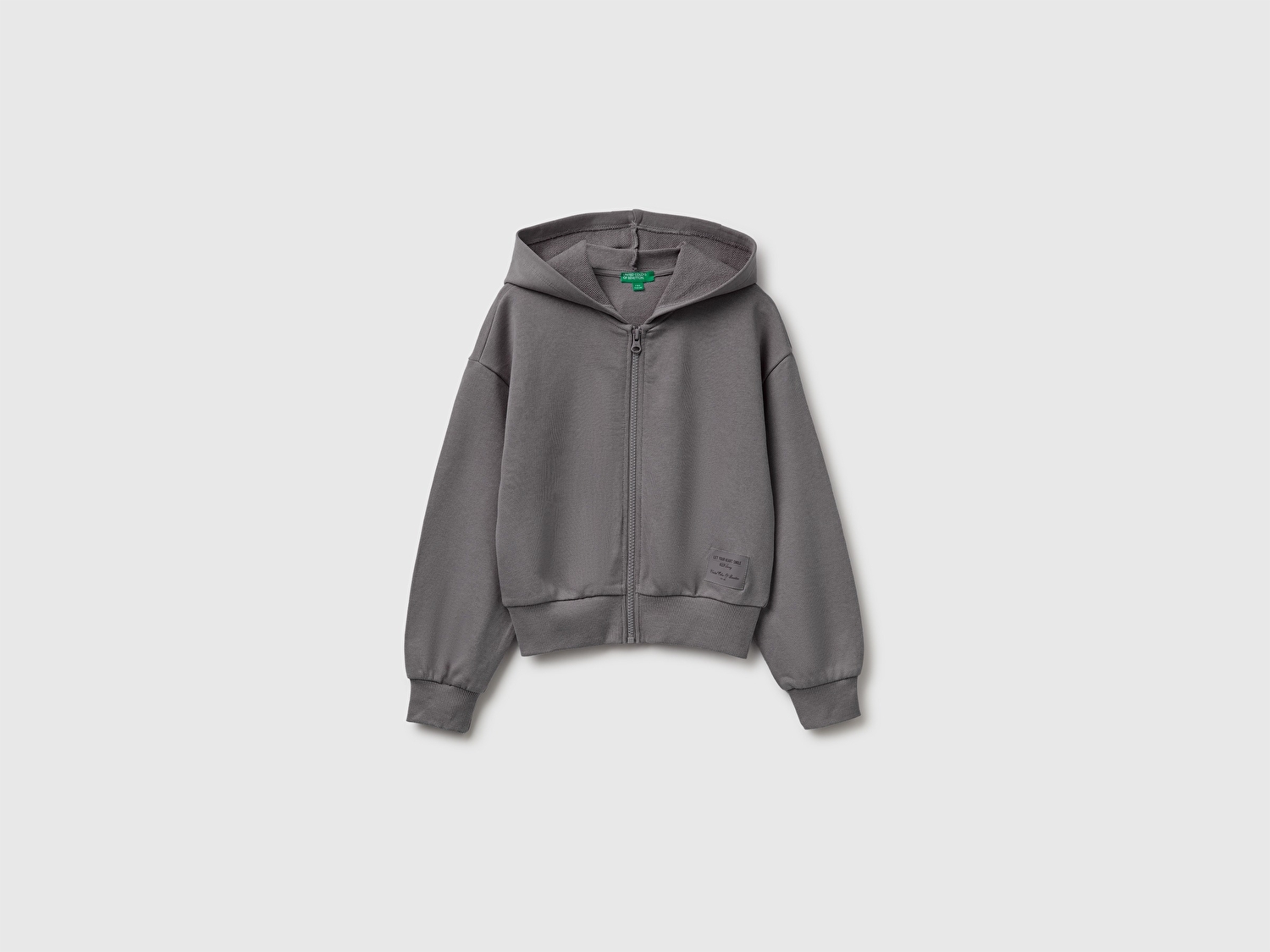 Benetton Kız Çocuk Koyu Gri Ribanalı Kapüşonlu Fermuarlı Sweatshirt