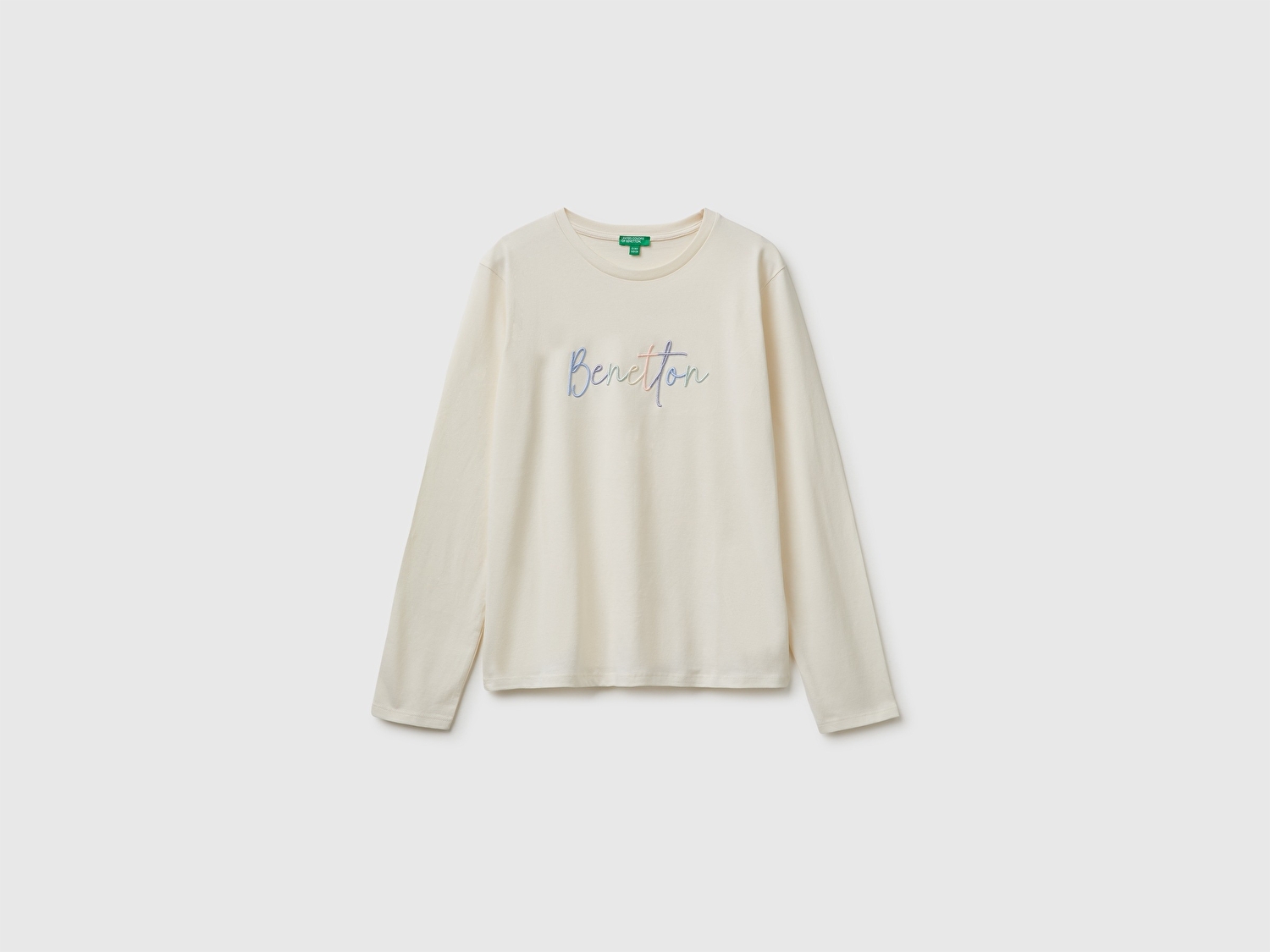 Benetton Kız Çocuk Ekru Önü İşlemeli Uzun Kollu Tişört