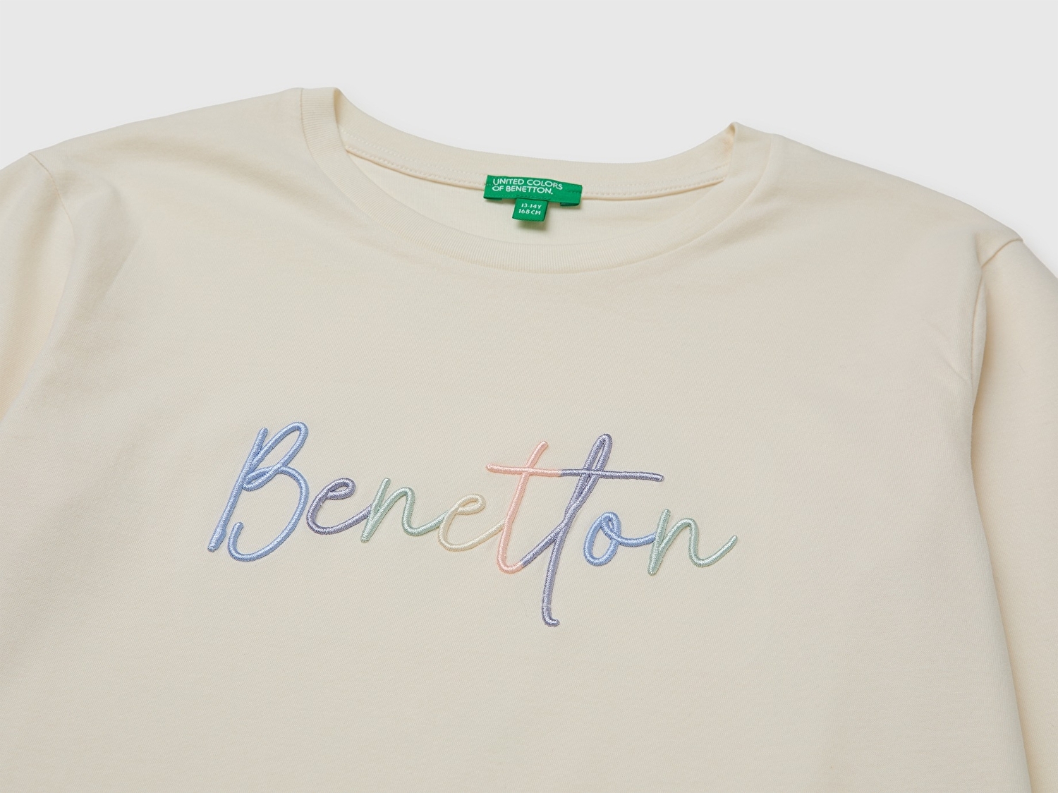 Benetton Kız Çocuk Ekru Önü İşlemeli Uzun Kollu Tişört