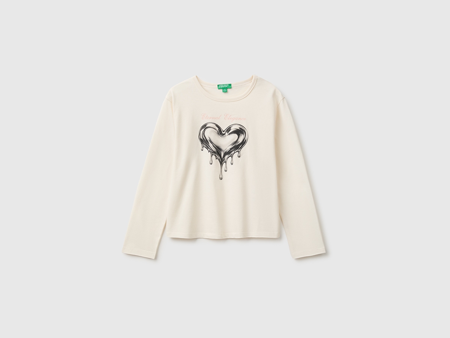 Benetton Kız Çocuk Ekru Uzun Kollu Önü Baskılı Bisiklet Yaka T-Shirt